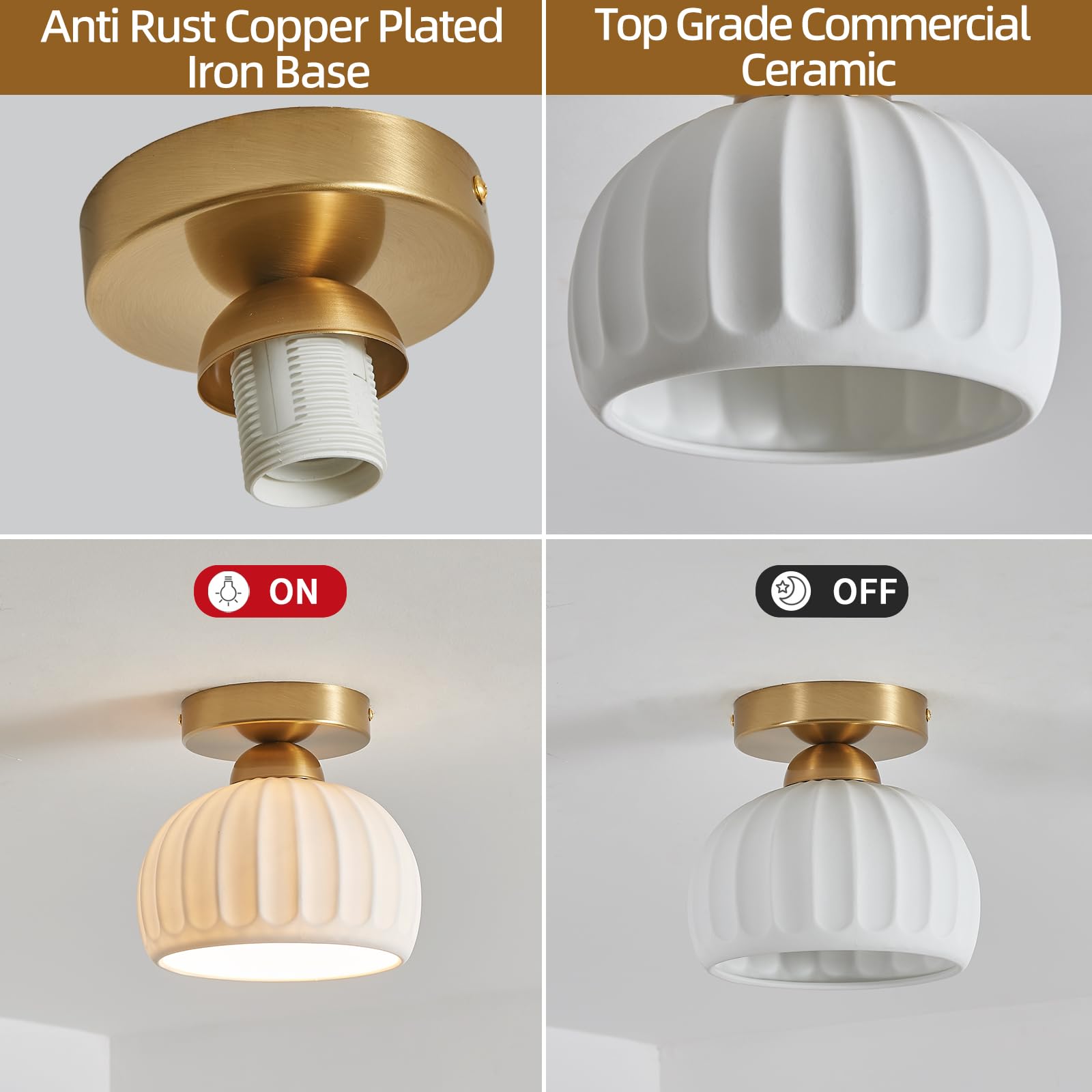 Fetason 2 Pack White Ceramic Gold Base Semi Flush Mount Ceiling