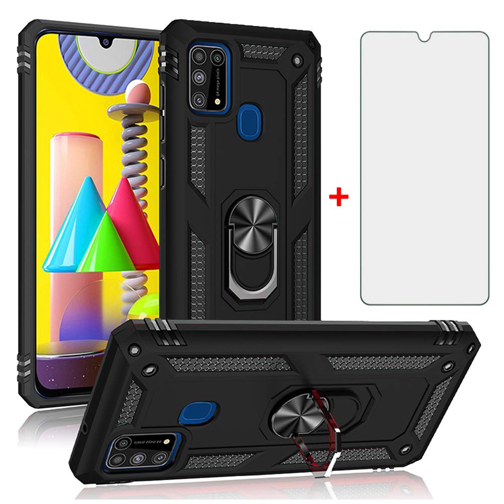 Phone Case for Samsung Galaxy M31/M30S/M21/ with Tempered Glass Screen  Protector Stand Ring Holder Shockproof Silicone Heavy Duty Accessories  Magnetic