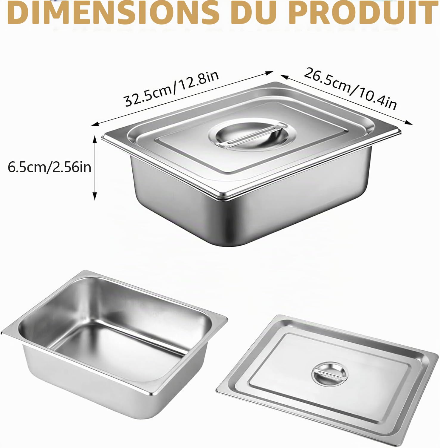 Lot de 3 Plat Inox avec Couvercle, GN 1/2 Bac avec Couvercle, 32,5 x 26,5 x 6,5 cm Bac Alimentaire Inox pour des Fours à Convection, des Chafing Dishes, des Réfrigérateurs
