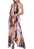 GGUHHU Womens Color Block Floral Maxi Halter Dress Hollowed V-Neck Backless Accordion Beach Dresses