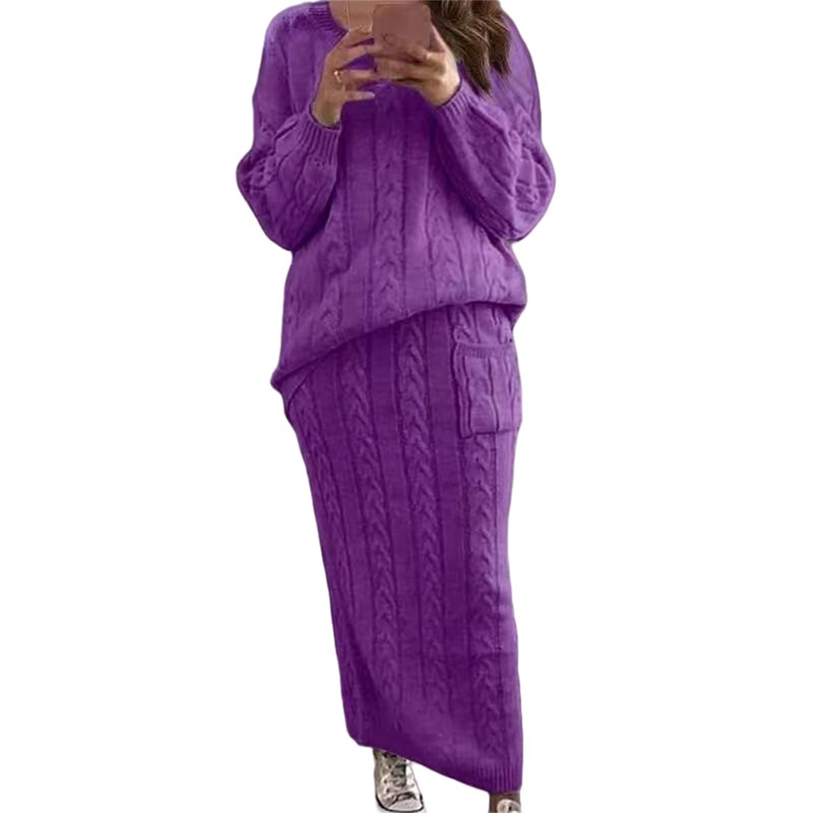 Womens Winter Chunky Cable Knit Long Skirt 2 Piece Outfit Sweater Sets Casual Comfy Slim Sweater Outfits