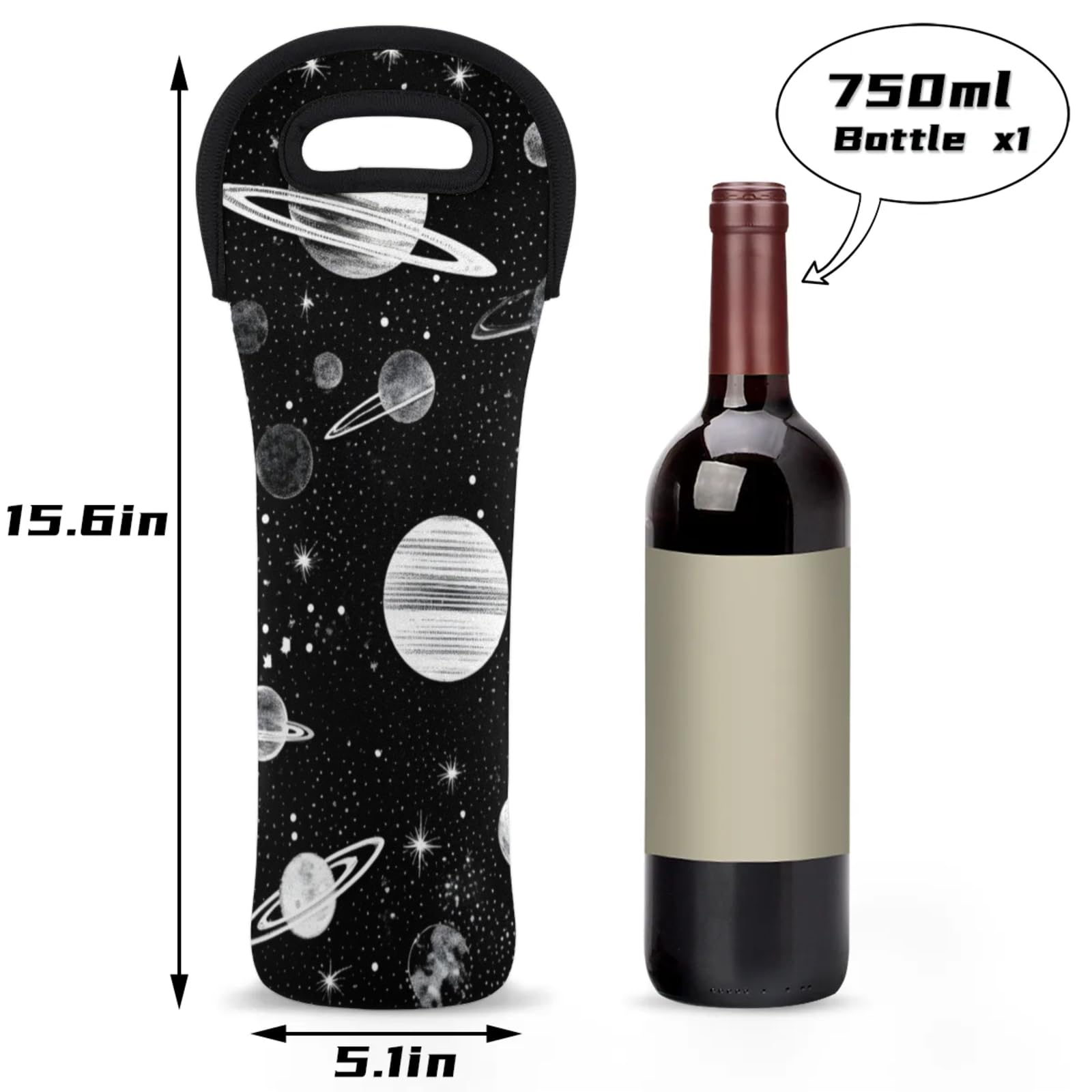Neoprene Wine Tote Carrier Bag for Wine,Water, Champagne, Beer, Baby Bottles 15.6 x 5.1 Inches, Protective Wine Bag,Universe