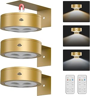 3Pack Wireless Picture Light,Battery Operated Painting Light with Remote,Magnetic Timer Display Art Lamp for Wall,Dimmable Picture Frame Light for Frame Artwork,Wall Decor Puck Lights-Gold