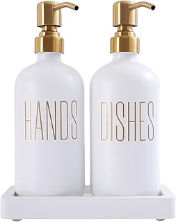 White Soap Dispenser Set, Contains Glass Dish Soap Dispenser and Hand Soap Dispenser. Kitchen Soap Dispenser with Stainless Steel Pump, Perfect for Kitchen Counter Decor. (White)