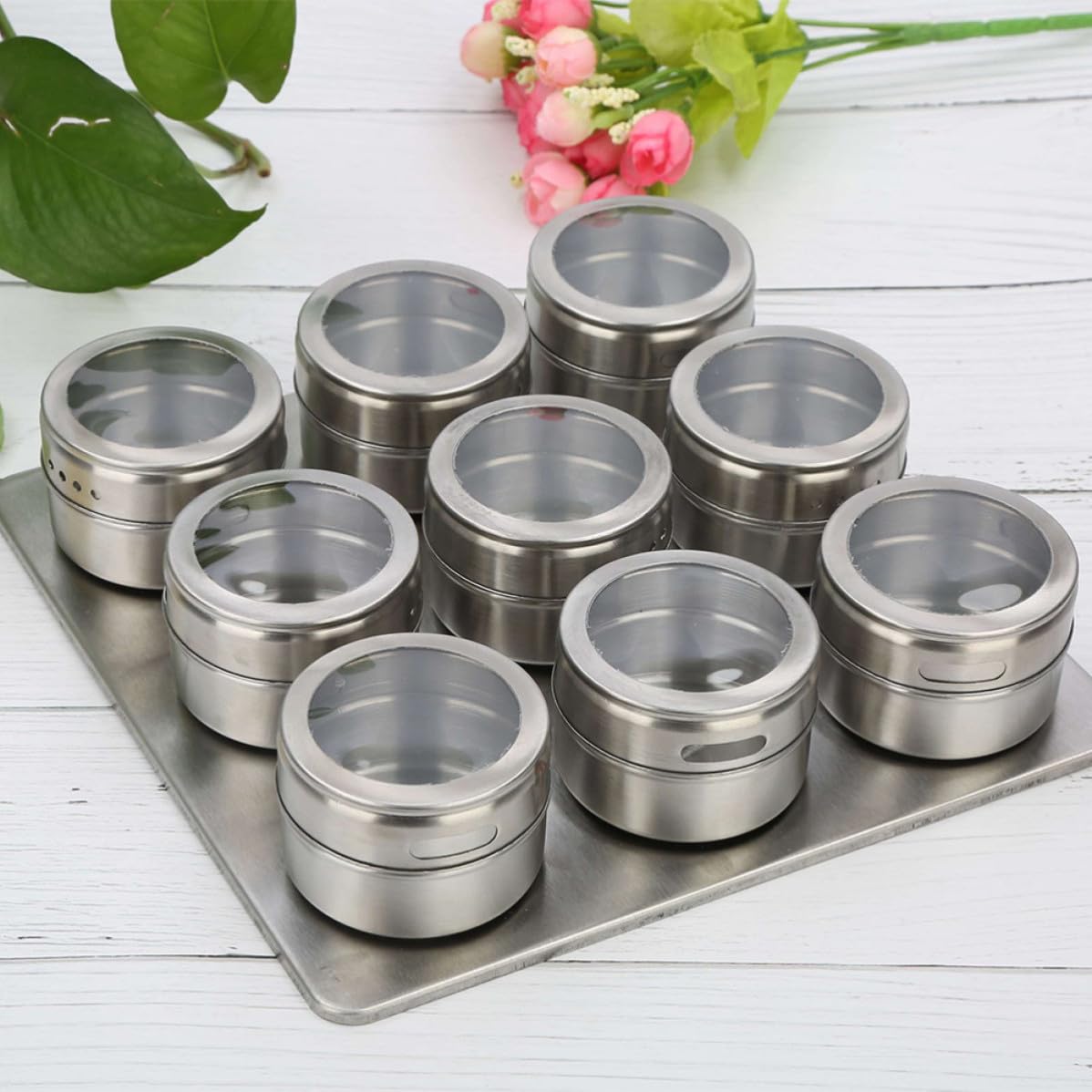 PRETYZOOM Tarros para Especias y Base Magnética para Almacenar Condimentos Set de 9 de Acero Inoxidable con Ventana Visible en Cocina o Barbacoa
