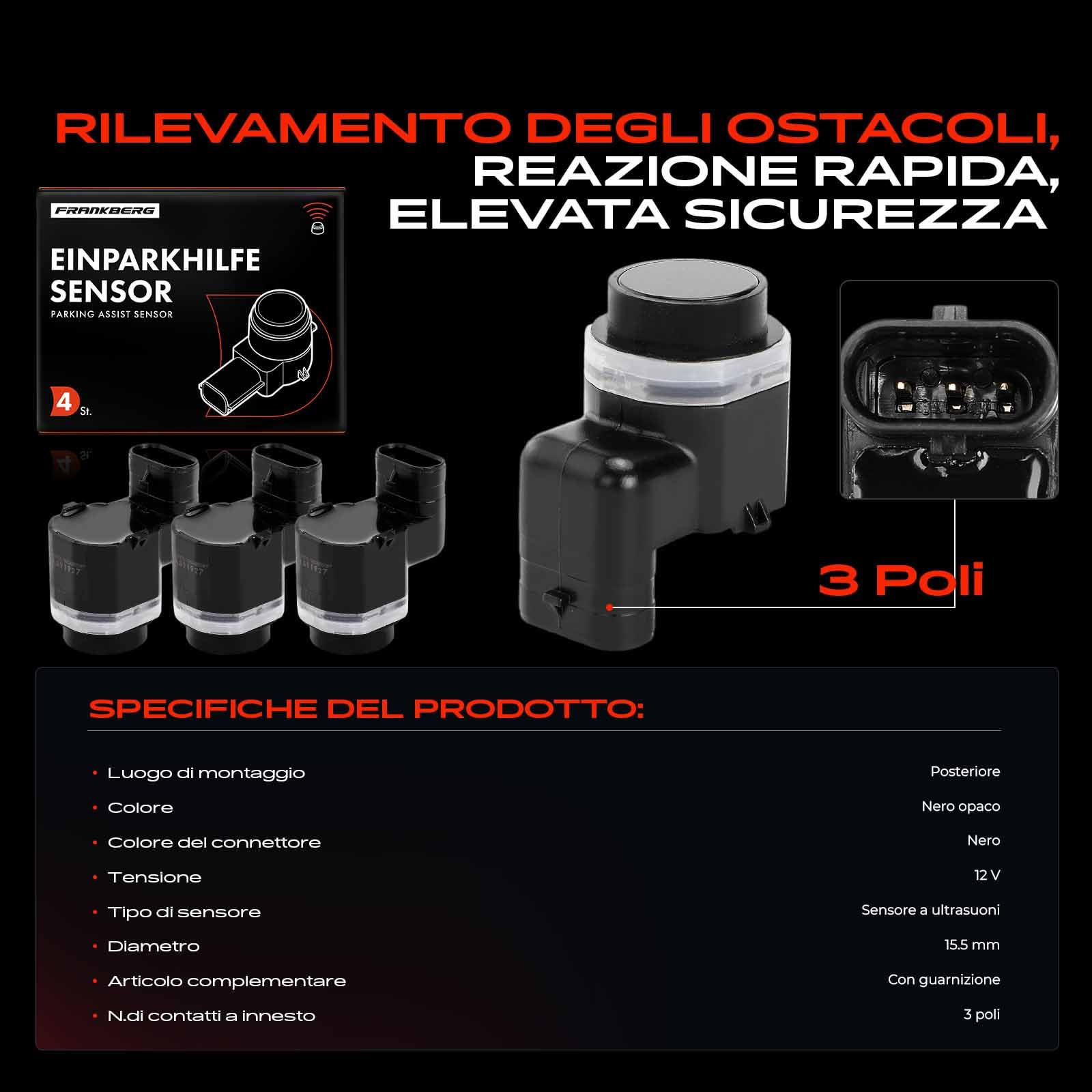 Frankberg 4 sensori di parcheggio anteriori e posteriori 4H0919275A | Compatibile con: A1 Sportback 8XA 8XF, A8 4E2 4E8, A6 Avant 4F5 C6, Golf VI Cabriolet 517, A4 Allroad 8 km