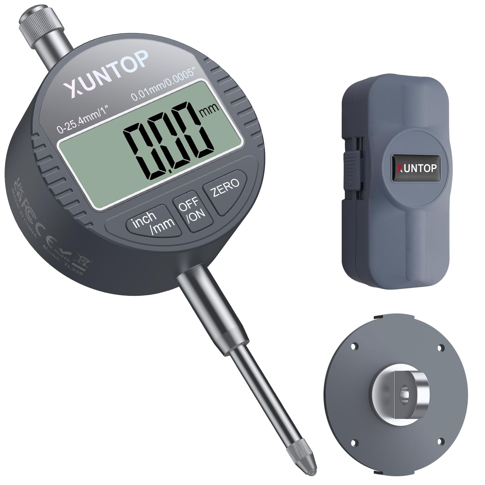 XUNTOP Comparatore Centesimale Digitale 0-25.4mm/1" Supporta Commutazione mm/pollice Indicatore Digitale DTI con Sonda Digitale 25.4mm Misuratore Digital Precisione 0.01mm per Stampanti 3D, Tornio