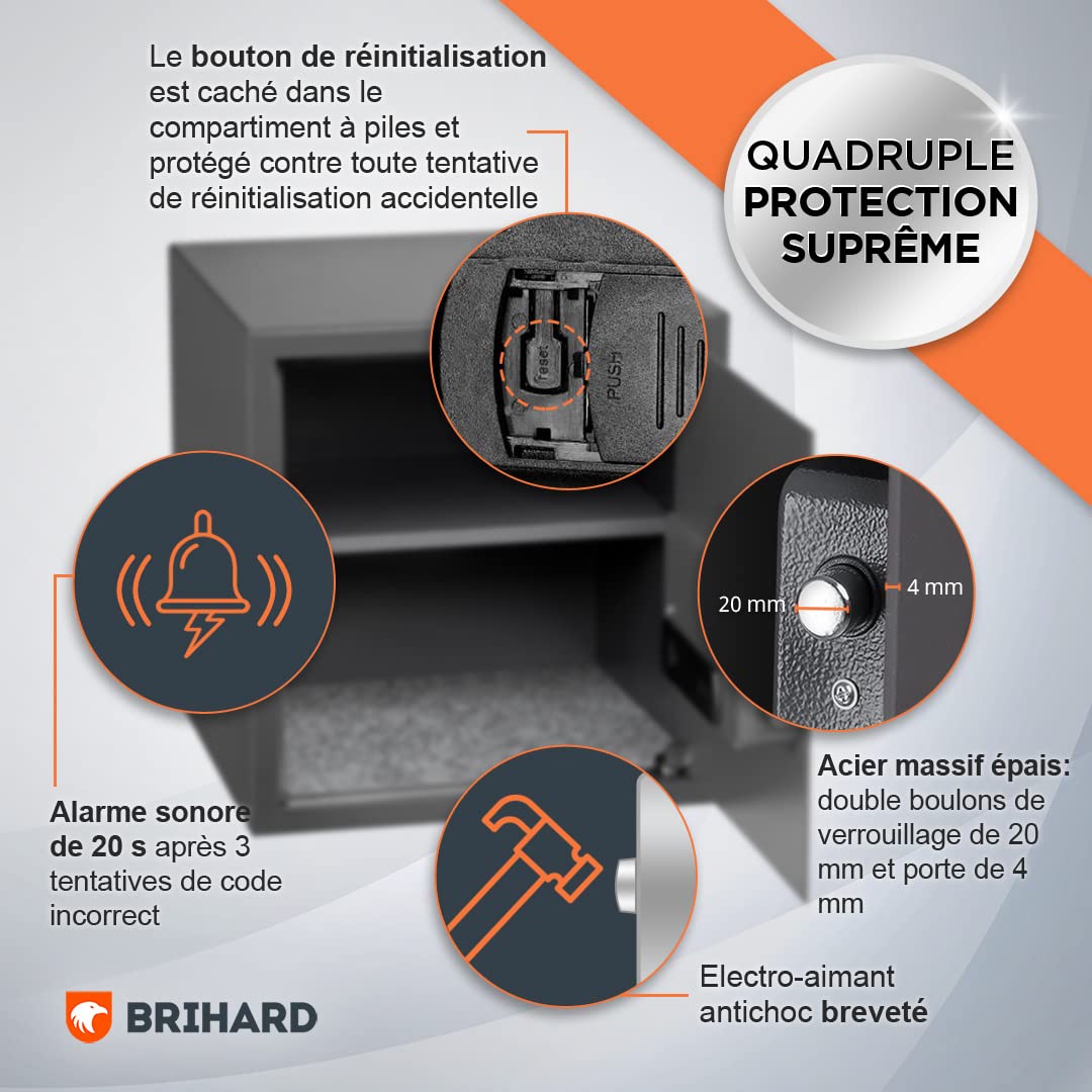 Coffre-fort biométrique - Clavier numérique 2 en 1 et coffre-fort anti-empreintes digitales - Grand coffre-fort 40 x 38 x 38 cm pour le bureau - Coffre-fort de sécurité anti-chocs