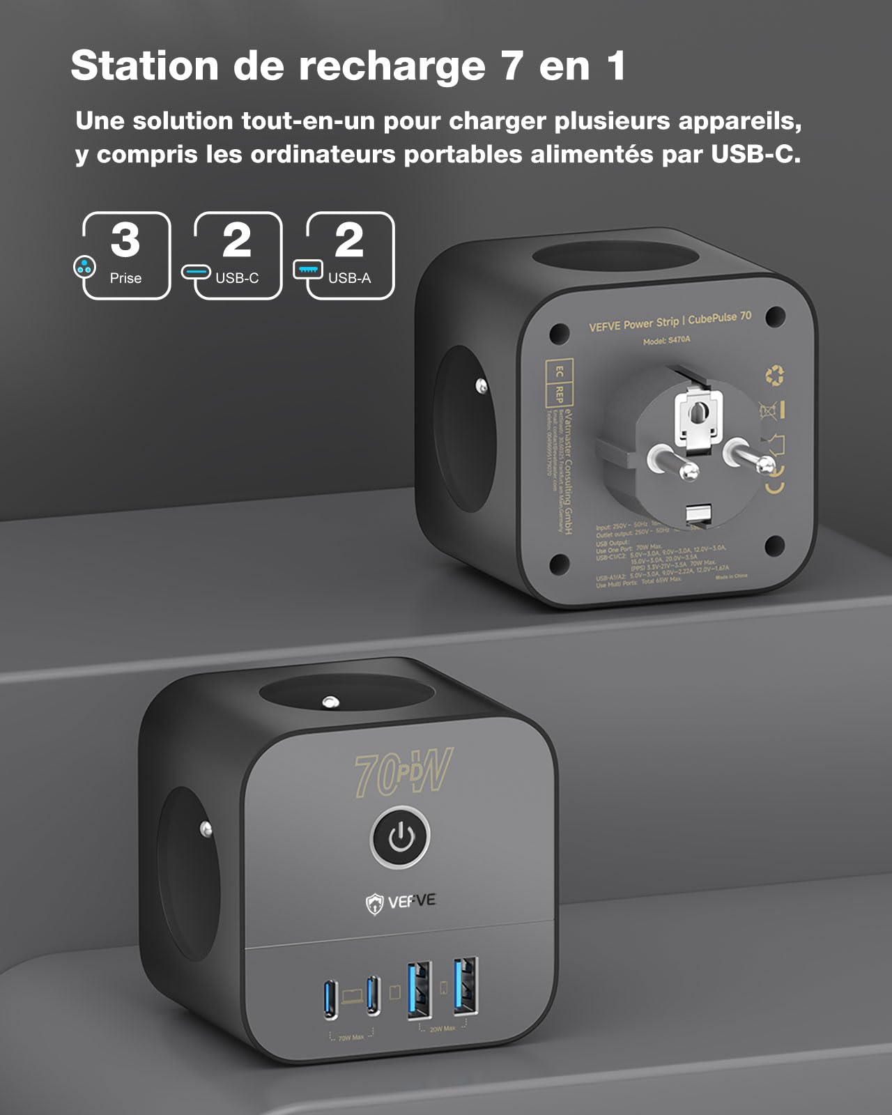 VEFVE Chargeur Rapide USB C 70W, Prise Multiprise Cube 7-en-1 avec Interrupteur, Technologie GaN III, Compatible Ordinateurs Portables, Tablettes et Smartphones