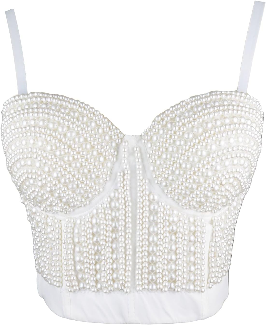 ELLACCI Woment's Pearls Beaded Bustier Crop Top Club Party Sexy Corset Top Bra White - Image 2