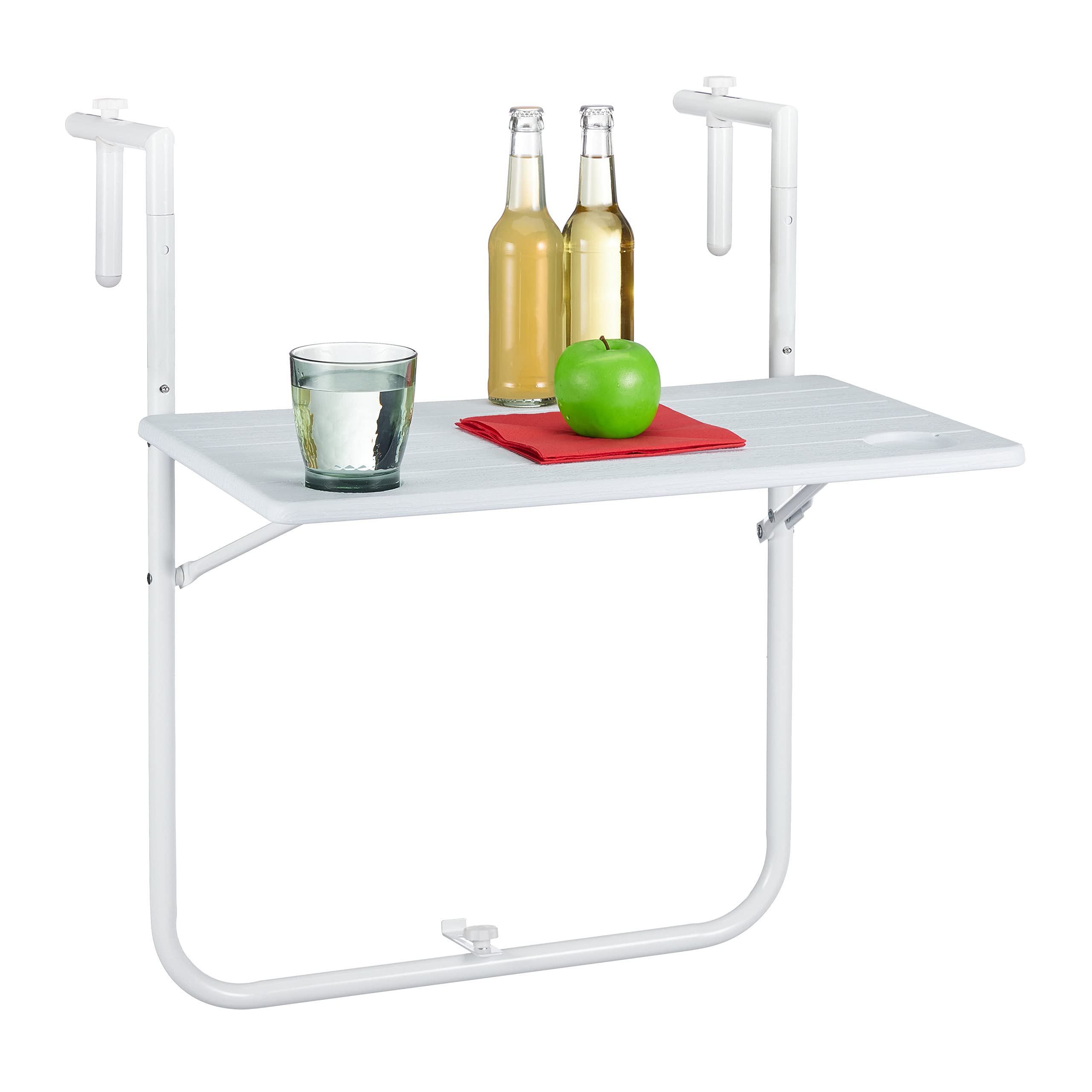Relaxdays Table Balcon Suspendue Rabattable réglable en Hauteur 3 Niveaux Aspect Bois 59,5 x 35,5 cm Blanc