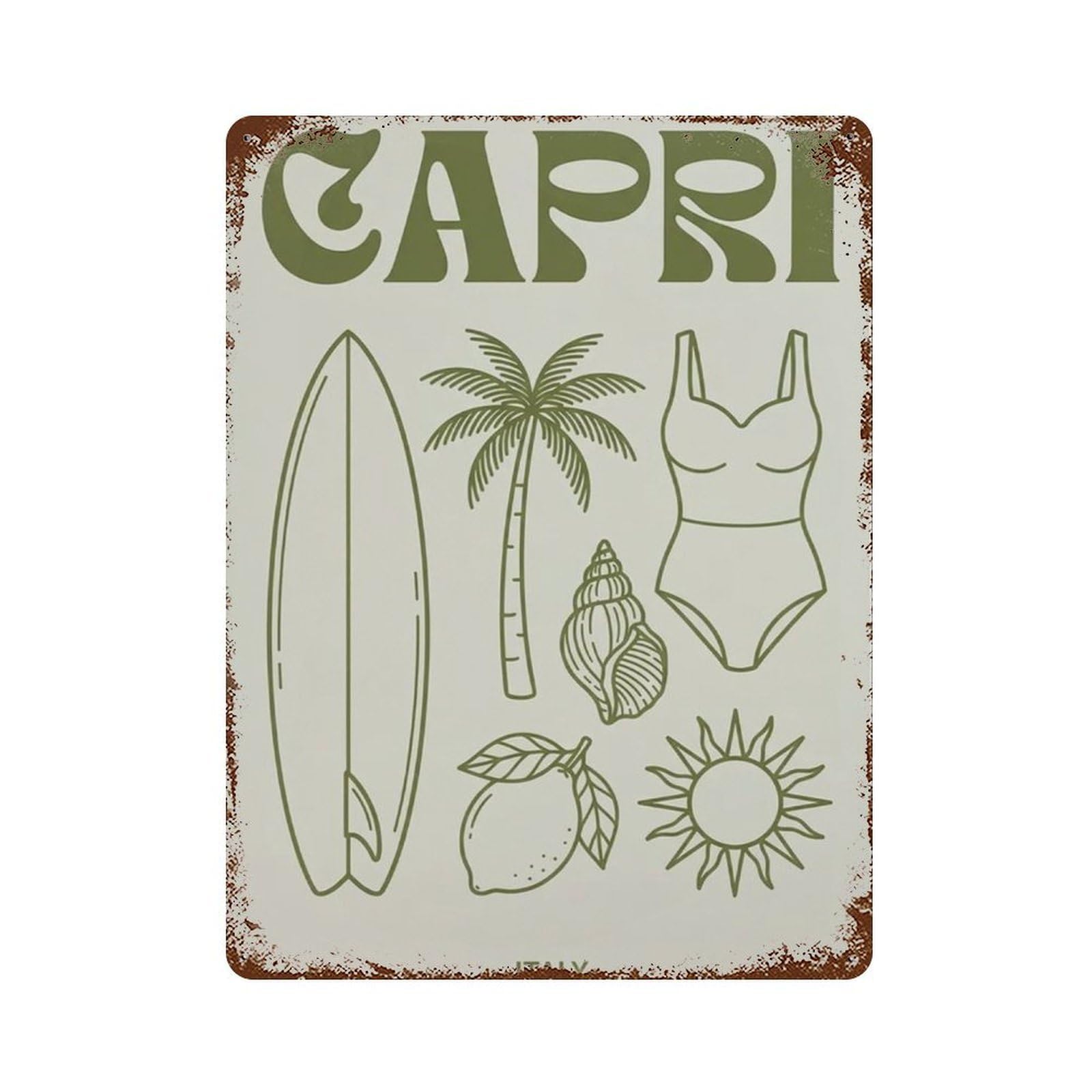 xiaoxiaoshen Capri Italy Green Line Travel With Surfboard Palm Tree And Lemon Minimal Coastal Wall Decor Art Metal Tin Poster Modern Home Decor Art Home Bar Shop Decorations Vintage Sign 40x30cm