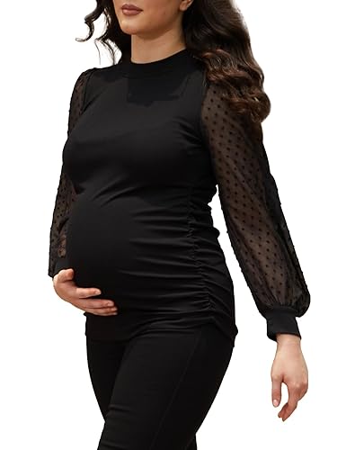 Bhome Mock Neck Maternity Shirt Ribbed Knit Maternity Blouse Mesh