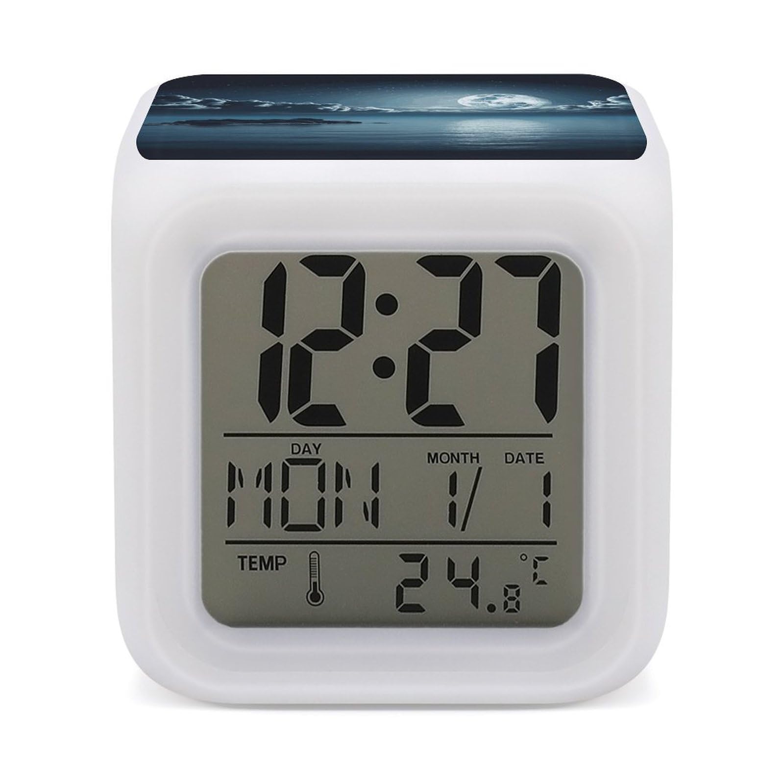 JTREHY Moon Ocean Landscape Alarm Clock Digital Dimmable Clock for Bedroom LED Display Screen Mini Clocks 7 Color Dimmable Night Lights Time-to-Rise Alarm Clocks for Office Living Room