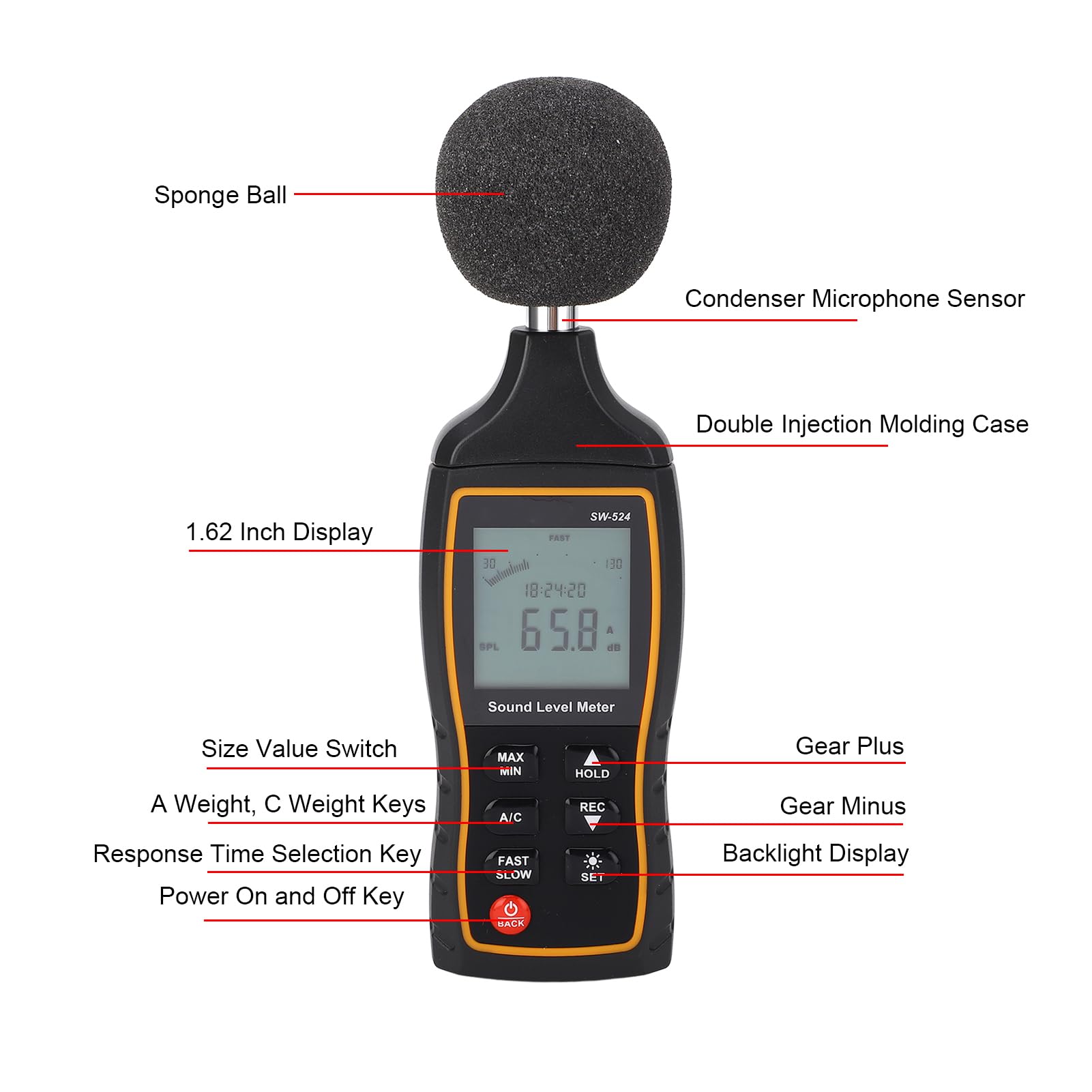 Luocute Fonometro Digitale, Gamma DB | Uscita doppio segnale CA/CC, display LCD retroilluminato, risposta rapida lenta da 31,5 Hz-8,5 KHz, per il monitoraggio del
