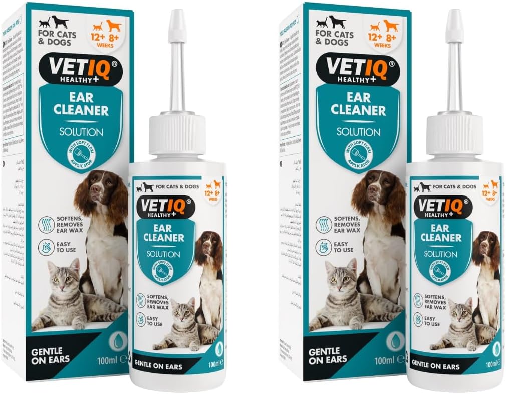 VetIQ Ear Cleaner Solution With Soft Flexi Applicator For Cats & Dogs, Safe & Gentle Solution to Soften & Remove Ear Wax & Maintain Ear Hygiene, Twin Pack (2 x 100 ml)