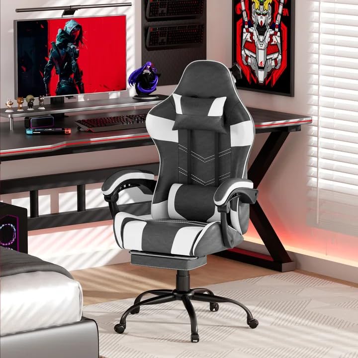 Image of Gaming Chair with Footrest, Ergonomic Video Game Chair with Headrest and Lumbar Support, 400 lbs Adult Chair, Height Adjustable 360 Swivel High Back Reclining Computer Chair for Home Office (White)