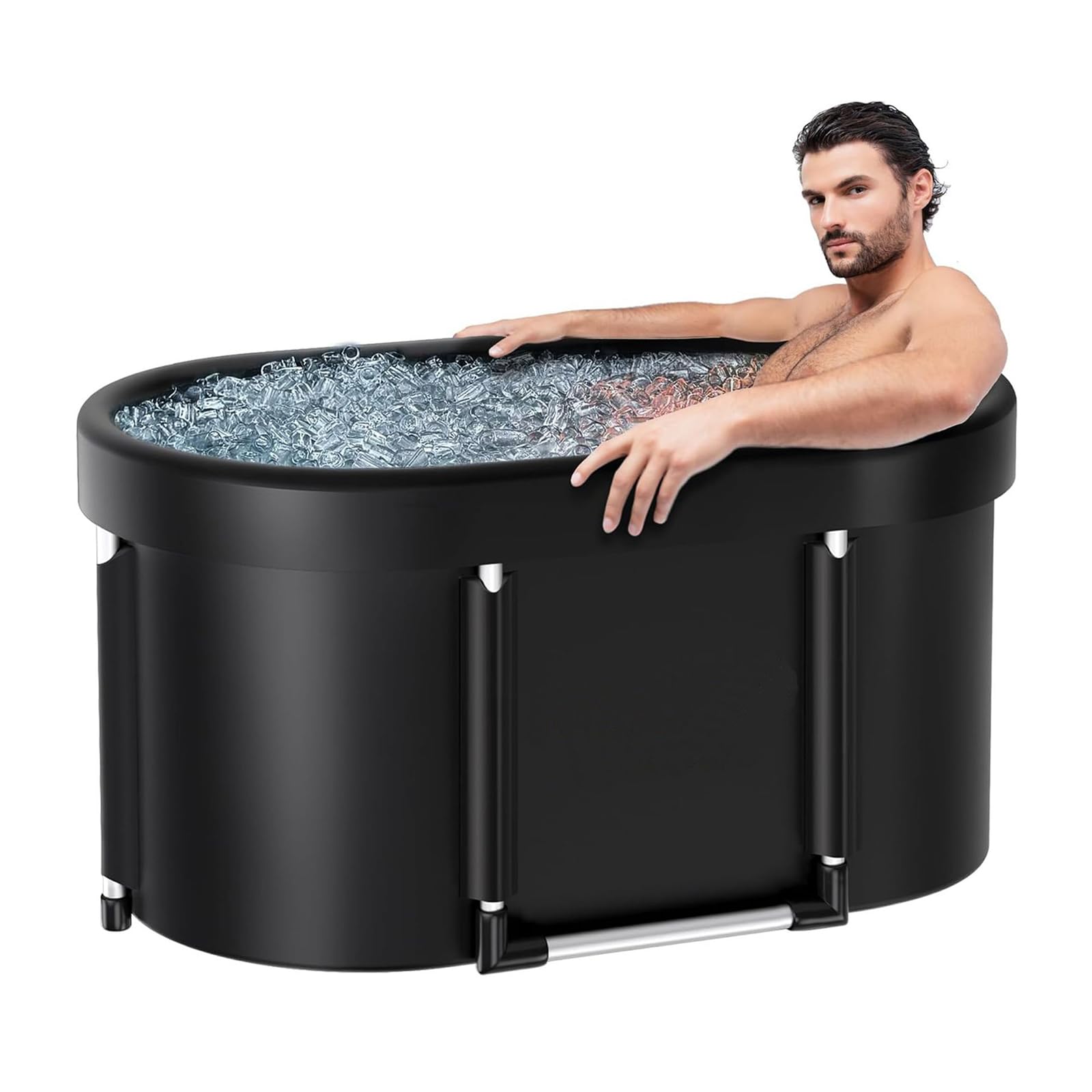 Bañera de hielo plegable, 115 x 60 x 50 cm, portátil, ovalada, con marco de aluminio, tubo de drenaje y cojín para recuperación y relajación, color negro