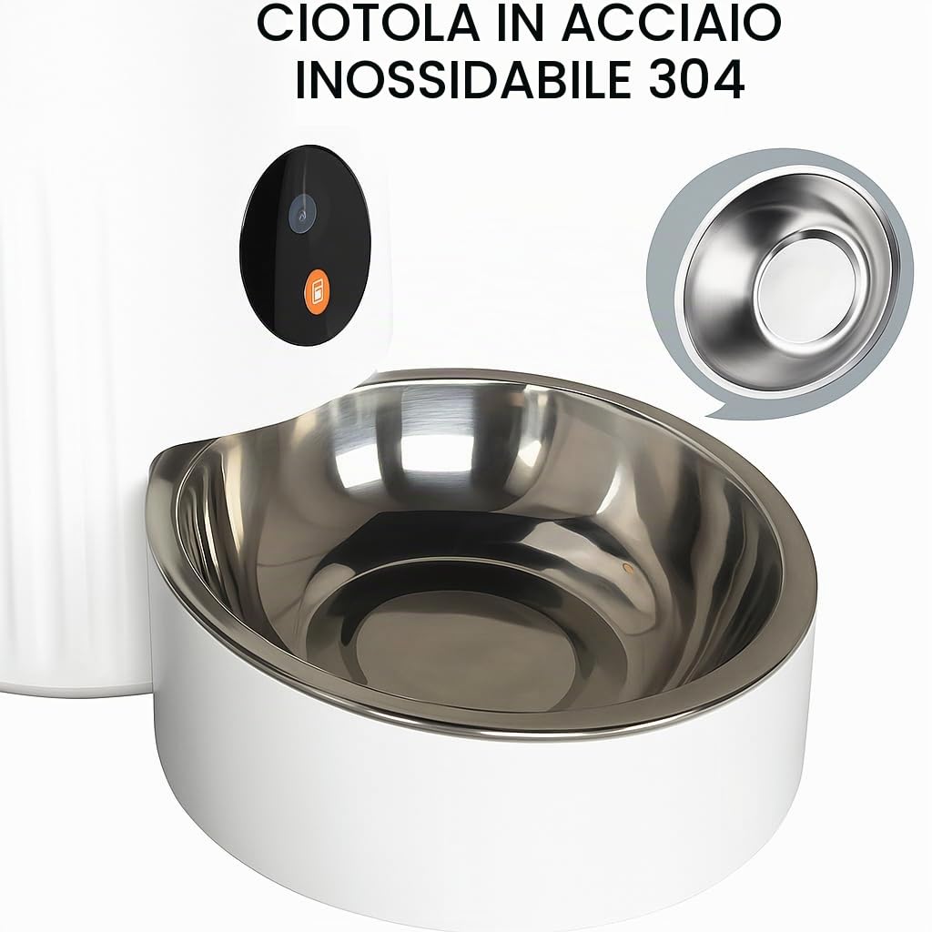 PET&TECH Distributore automatico cibo gatti e cani – 3 L (o tu capienza), telecamera HD 1080 P, app Wi‑Fi, registrazione vocale, doppia alimentazione, inox 304