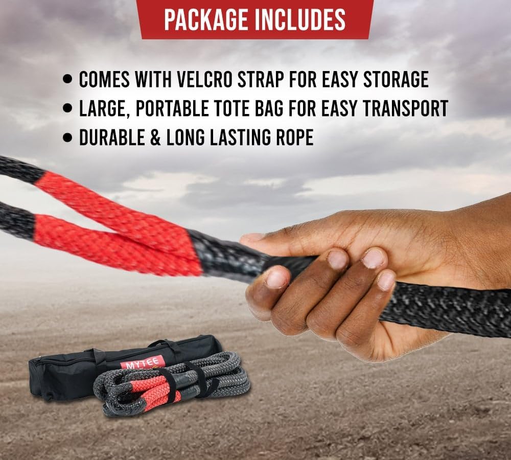 Mytee Products 1-1/2"x30' Kinetic Recovery Rope w/Strap & Tote Bag - 74,000 LBS Red & Black - Heavy Duty Kinetic Energy Tow Rope - Offroad Snatch Strap for Truck, SUV, UTV, ATV, Car, Tractor