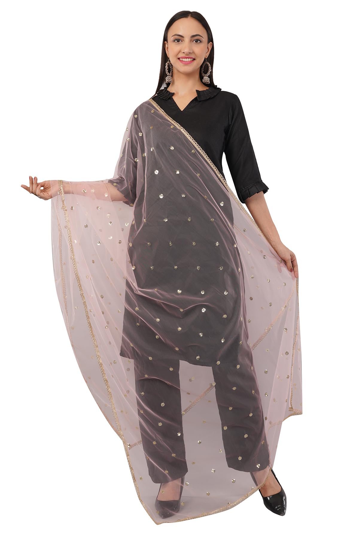 Pinkish Peach Net Butti Dupatta for Women | Soft Butti Work Dupatta with Golden Lace Border | Festive, Bridal & Casual Wear Chunni for Kurti & Salwar Suit-image-39