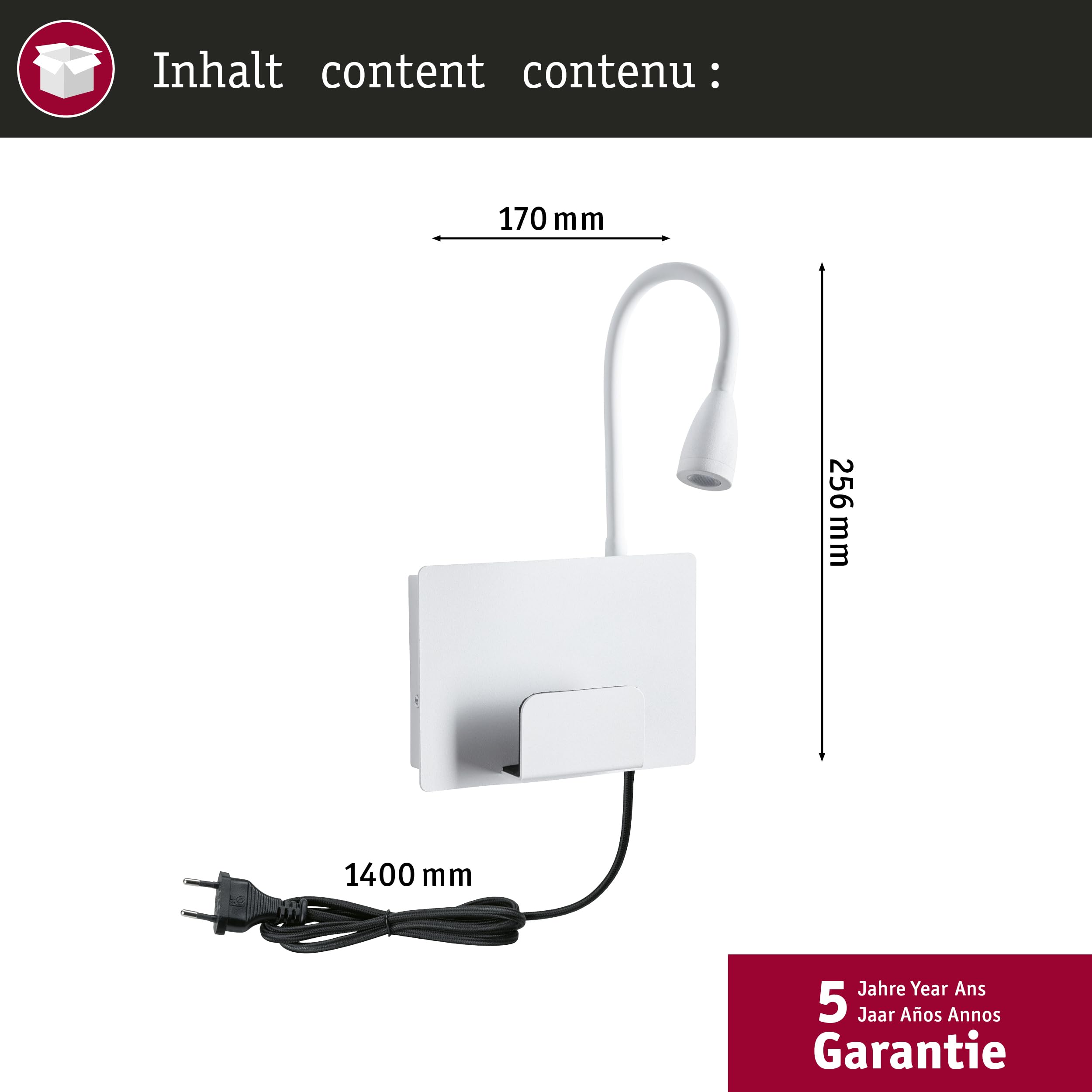 Paulmann 71100 LED oprawa naścienna Halina USB C 2700K 200lm 230V 2,4W biały matowy, lampa naścienna do czytania