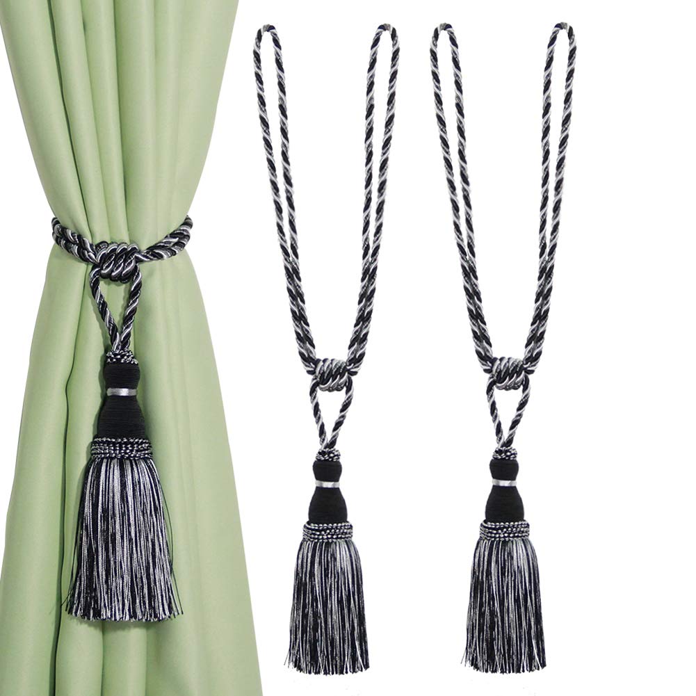 Tassel Curtain Tiebacks， Braided Rope Curtain Tiebacks With Tassels, Multicolor, 2/4 Pcs(Mix Black,2pcs)