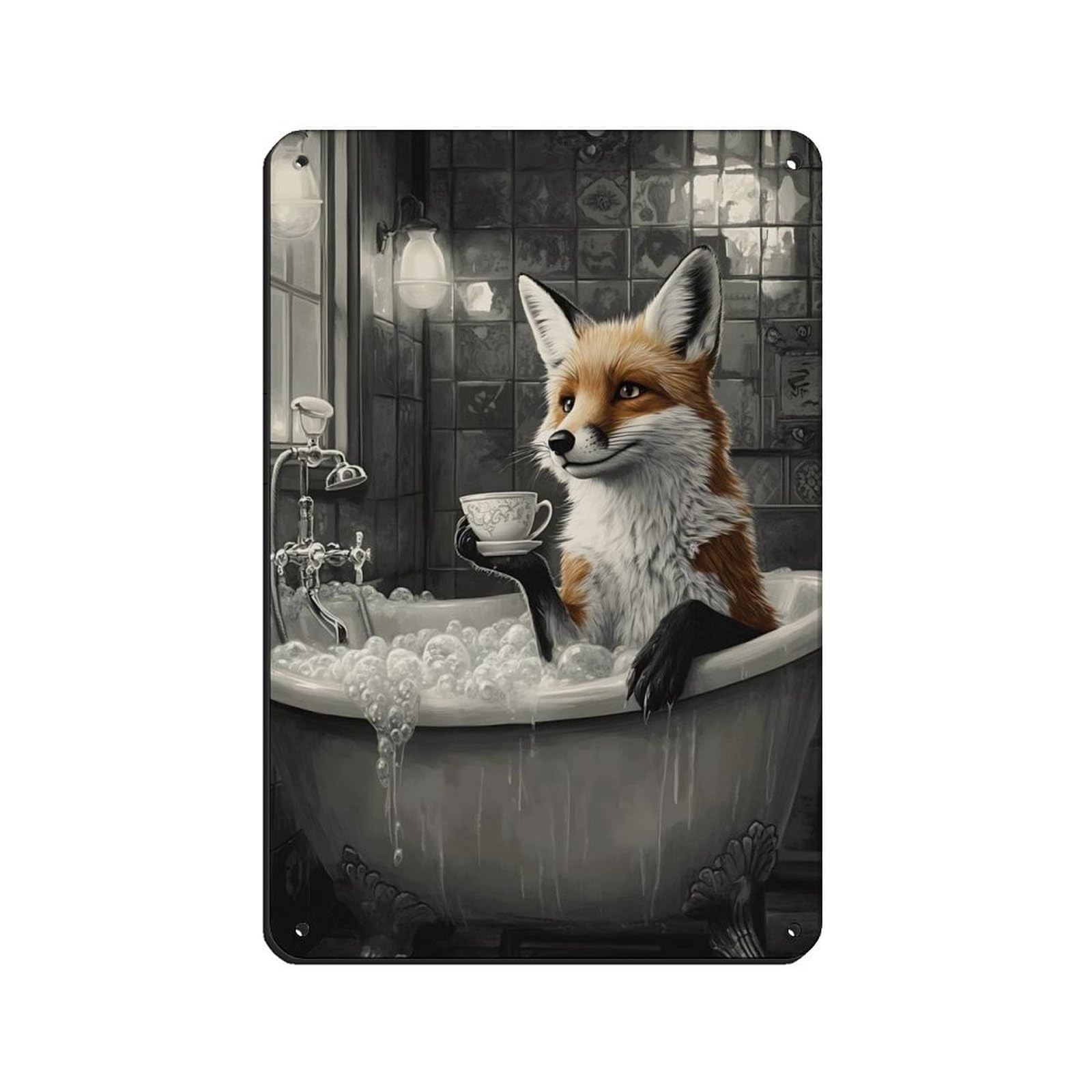 Whimsical Fox in Vintage Bathtub Retro Poster Metal Tin Sign Chic Art Retro Iron Painting Bar People Cave Cafe Family Garage Poster Wall Decoration 8x12inch(20x30cm)