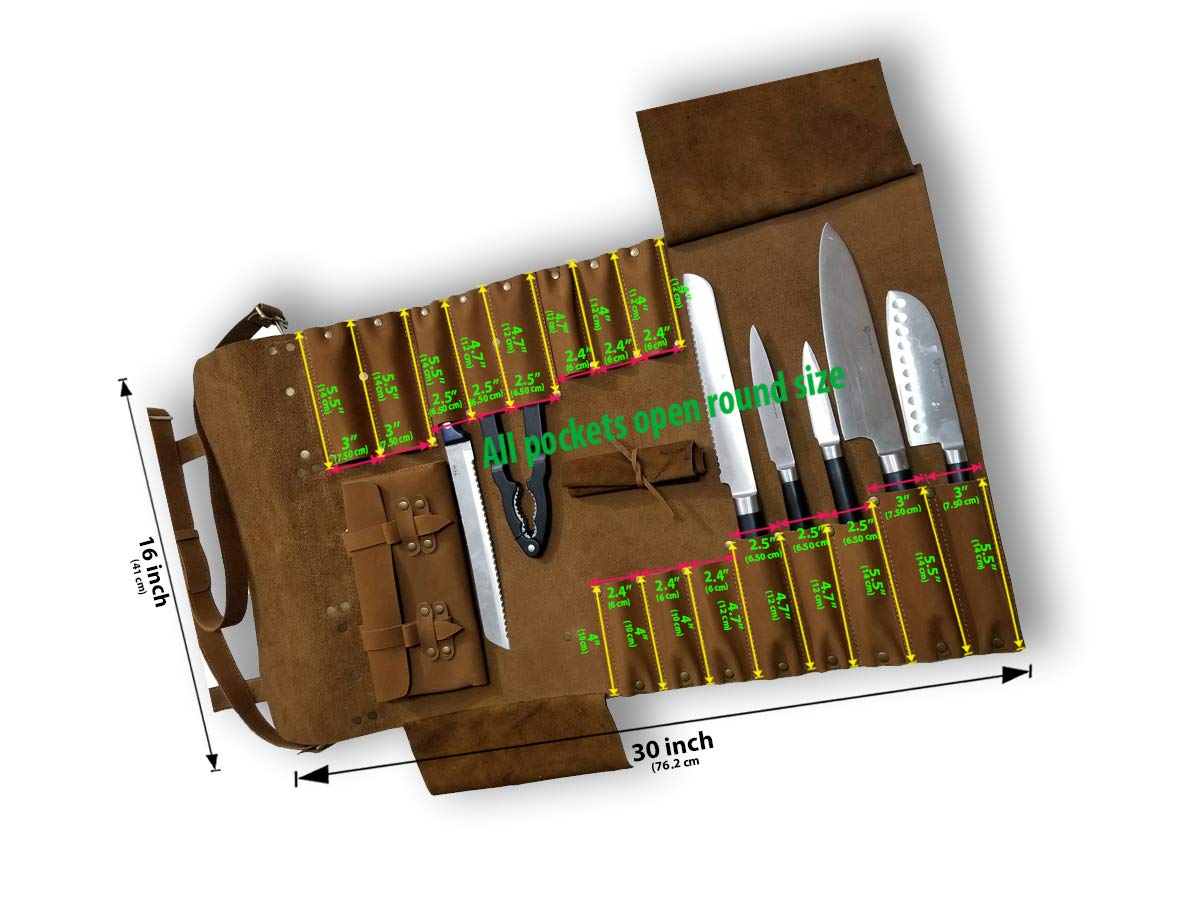 PROFESSIONAL CHEF Lightweight Genuine Premium VINTAGE TAN Leather Chef Knife Bag/Knife Roll 16 Pockets Space KB03