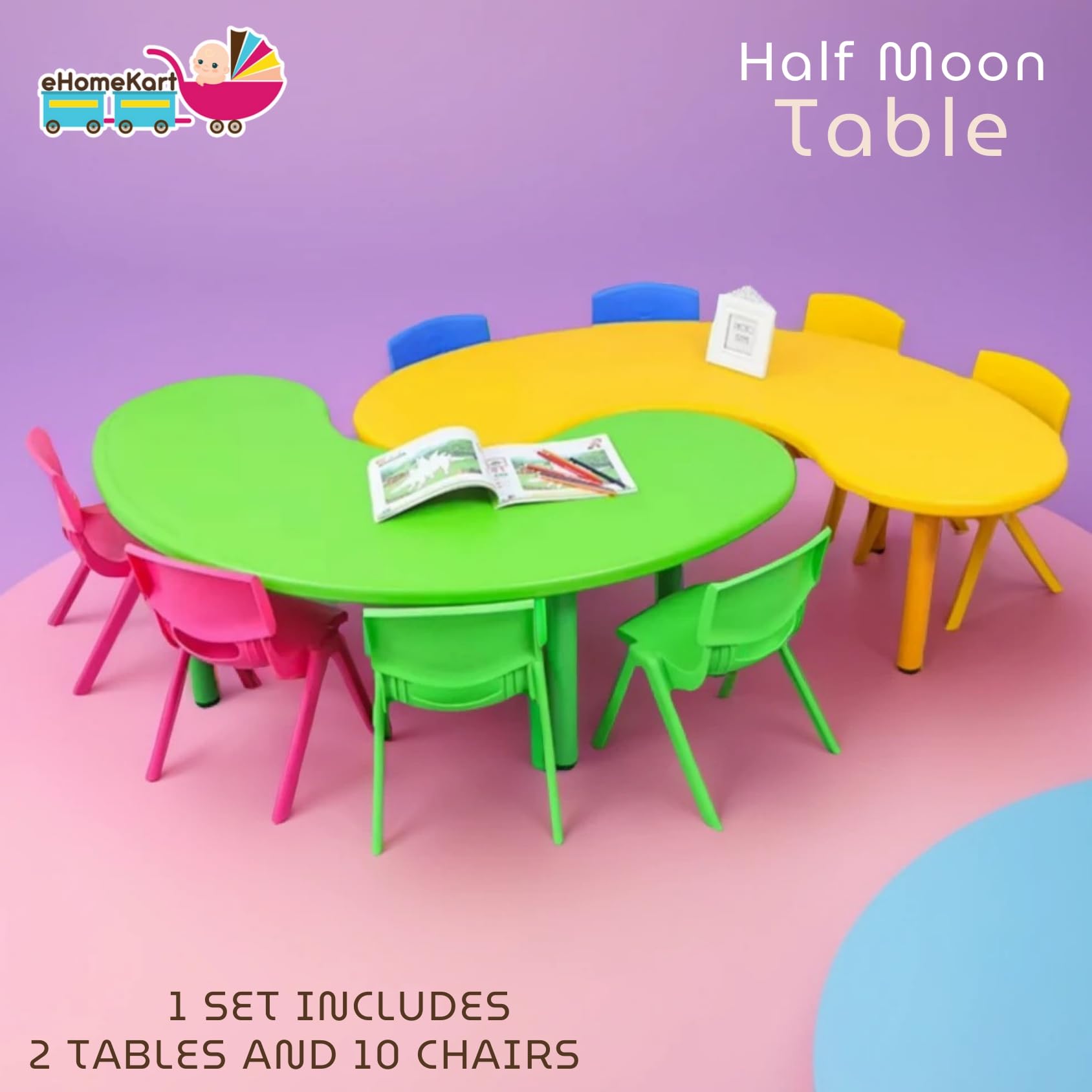 eHomeKart Kids Half-Moon Table Set of 2 with 10 Chairs – Front Round Shape, Perfect for Home Use (53 x 20 x 20 inches) for Kids with Set of 10 Chairs- Perfect Fort Home - Image 2 thumbnail