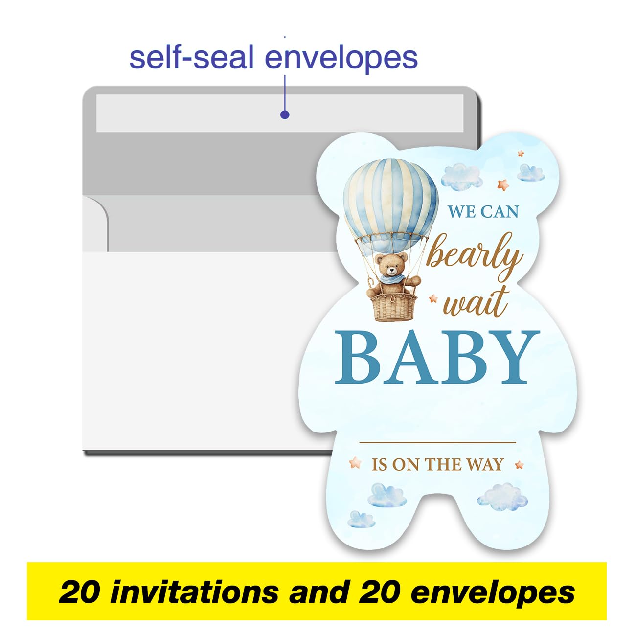 Boy Bear Baby Shower Einladungen – 20 Set Mit Umschlägen, Bärenform, Doppelseitig Bedruckt