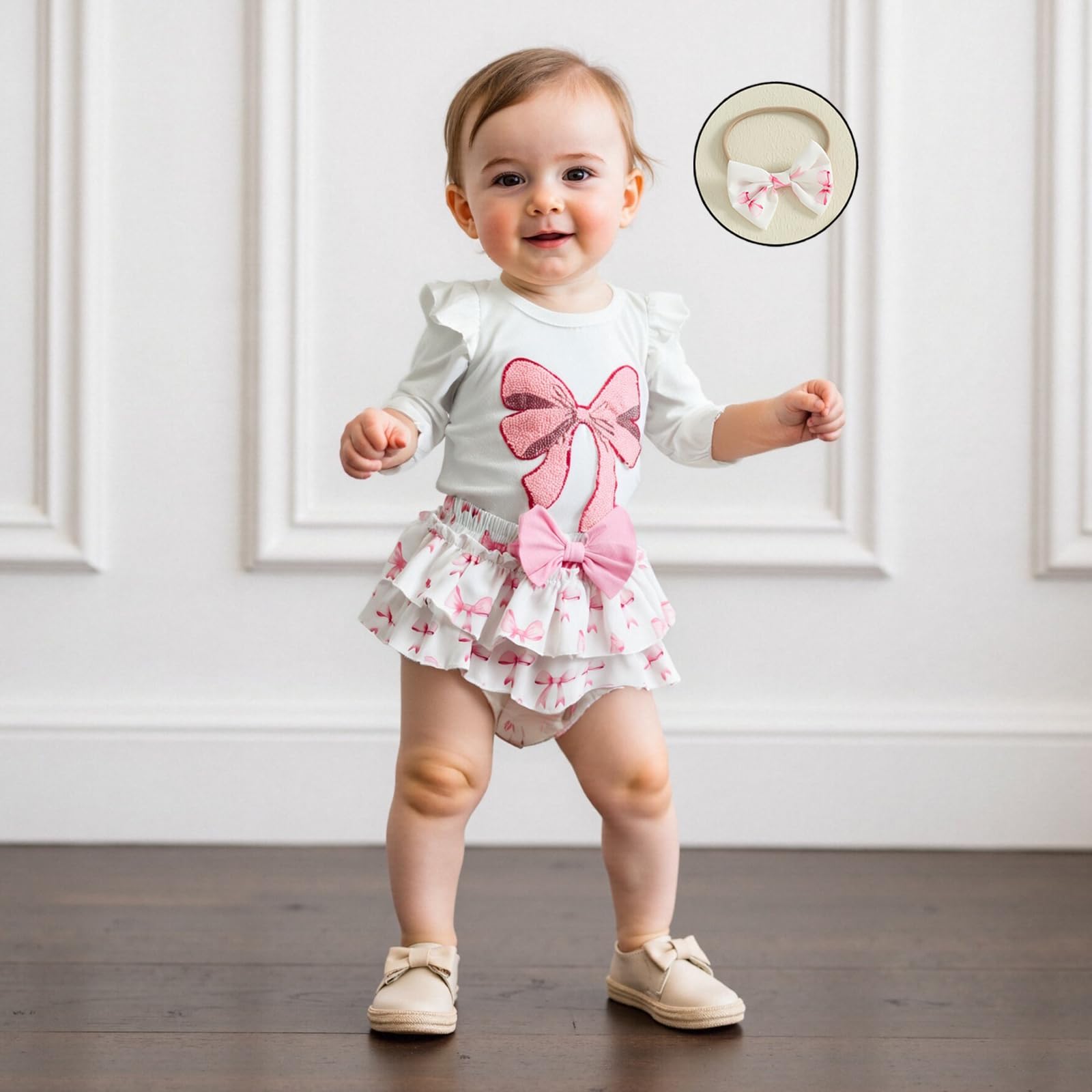 Dobeiokal Newborn Baby Girl Clothes Bow Embroidered Long Sleeve Romper Bodysuit Ruffled Shorts Set Cute Baby Fall Winter Clothes(A-Pink Bow,12-18 Months)