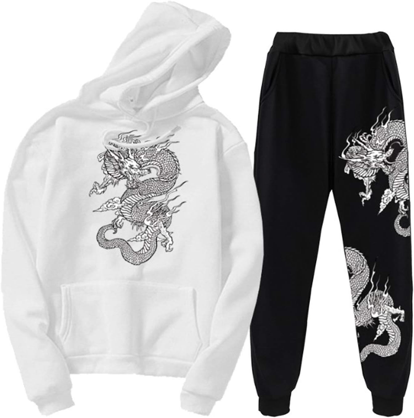 Chinese Dragon Print Tracksuit Set Unisex Dragon Hoodies Sweatshirt & Jogger Pants Two Piece Set (L,White 2)