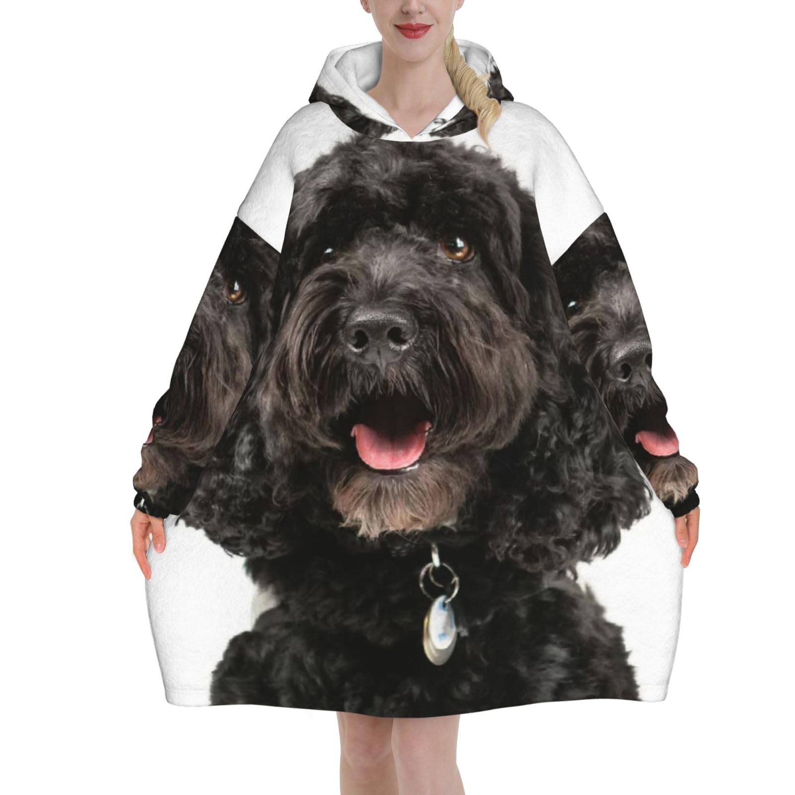 Poadnly Unisex As Picture Puppy Black Cockapoo,Women's Oversized Wearable Blanket Hoodie, Blanket Sweatshirt,Flannel Pullover Blanket