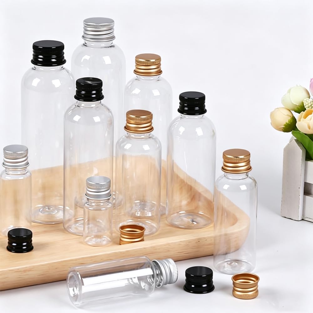 50 Stück 5-500ml Leere Plastikflaschen Mit Aluminiumkappe Fläschchen Probenflaschen Transparenter Behälter Für Reisen Kosmetische Lotion-Probenflasche Tragbare Reise-leere (Silberne Deckel,250ML)