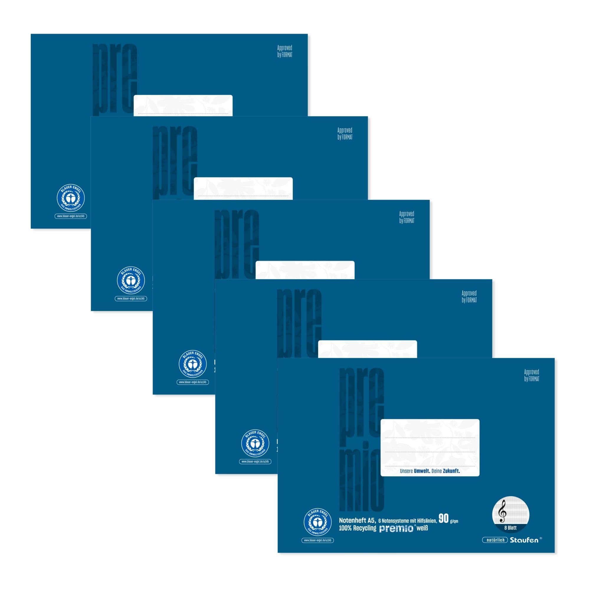 Staufen premio schriften - 5 schriften, elk 32 vellen, liniaalgrootte 2, DIN A5, 90 g/m², 4/4/4 mm gelijnd