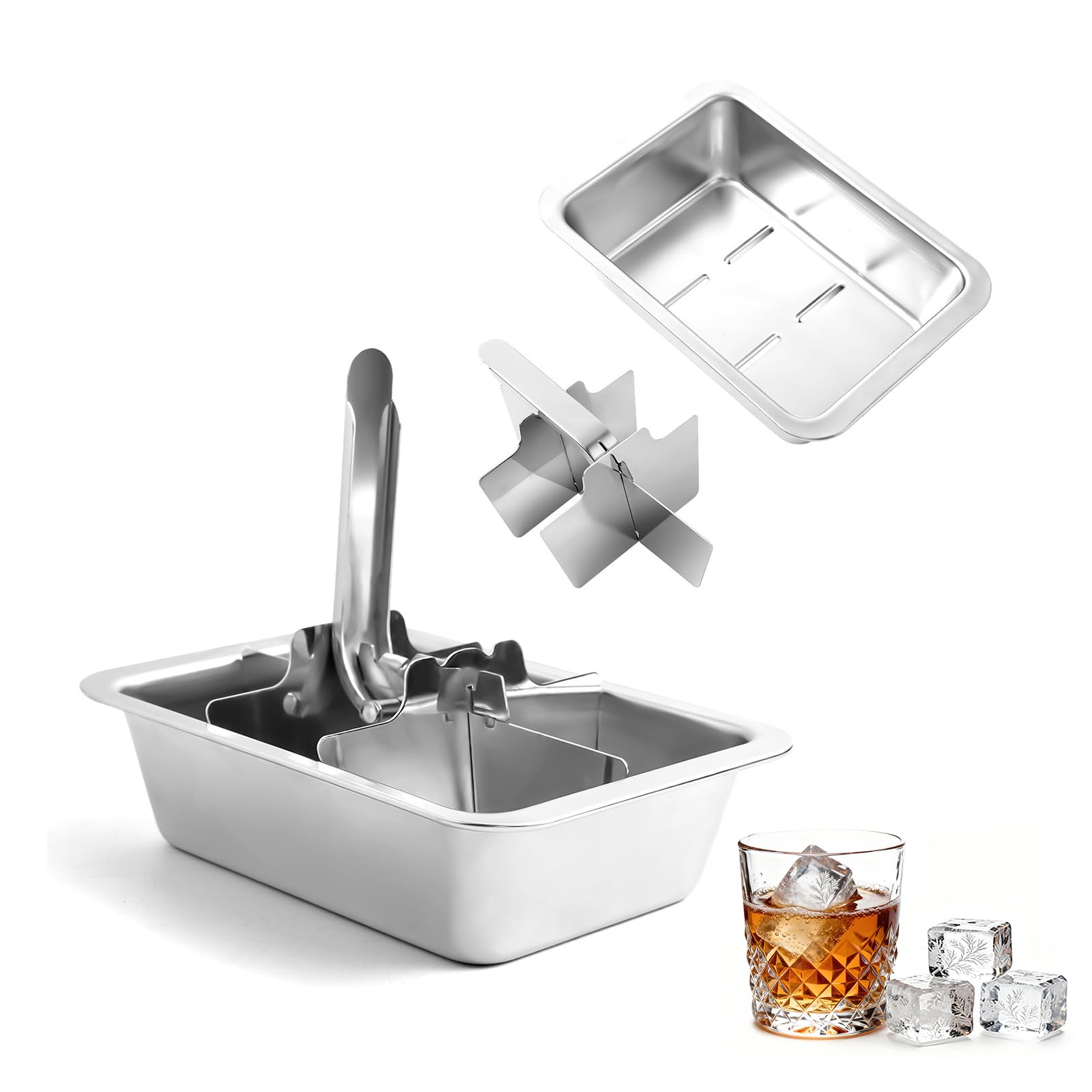 Bandejas de cubitos de hielo de acero inoxidable con palanca, 6 moldes grandes para whisky y cócteles, bandeja profesional de metal resistente para congelador, no tóxica y fácil liberación