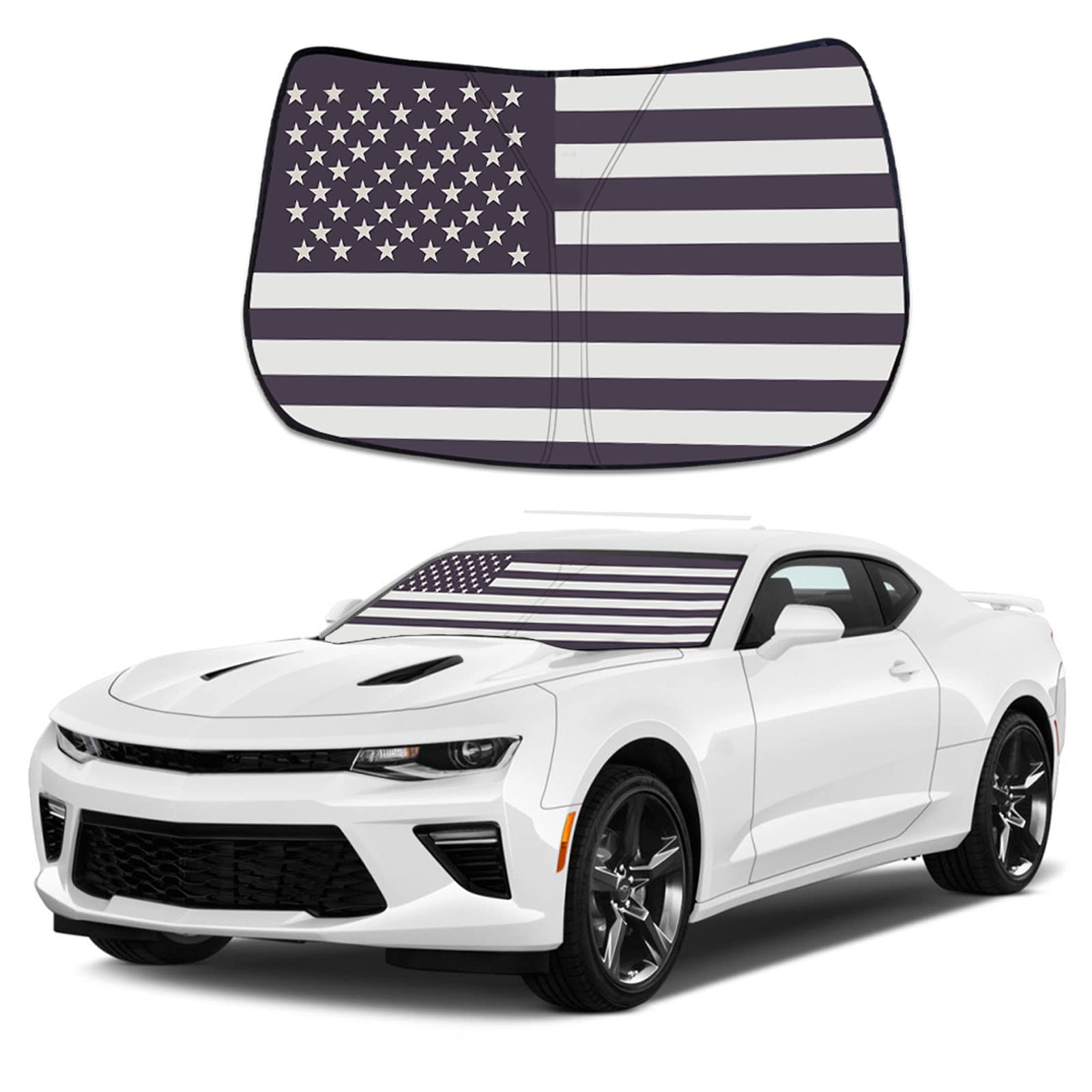 Upgrade Windshield Sun Shade with USA Flag for Chevrolet Camaro 2016-2024, Foldable Windshield Sun Visor Blocks UV Rays