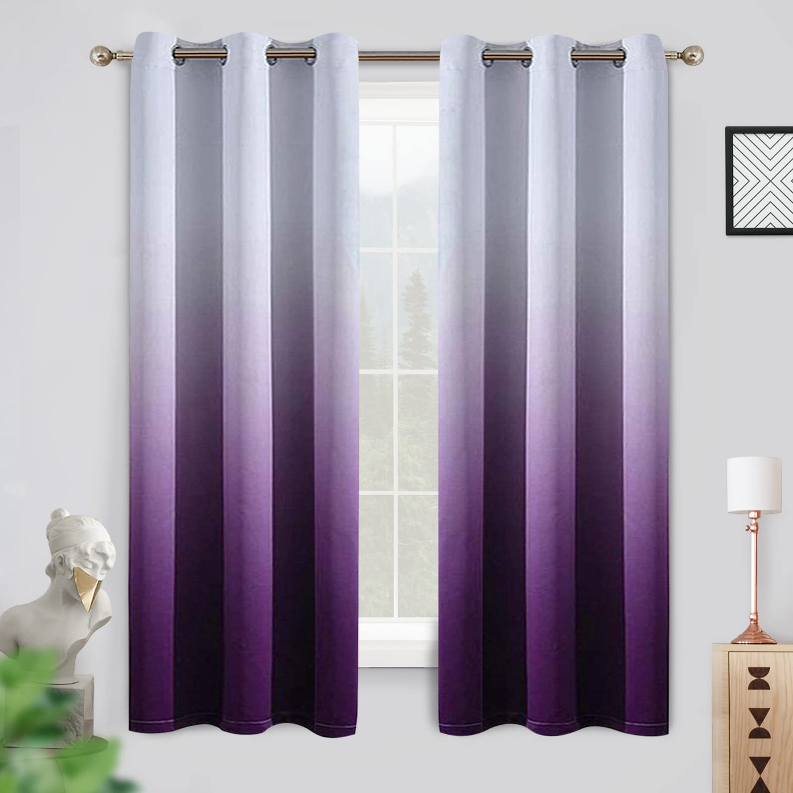 COSVIYA Grommet Ombre Room Darkening Curtains 63 inch Length 2 Panels, Gradient Drapes Purple and Grayish White Light Blocking Insulated Thermal Window Curtains for Bedroom/Living Room,42x63 inches — image 1
