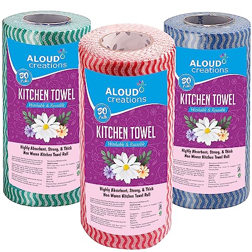 Image of ALOUD CREATIONS Non Woven Reusable Kitchen Towel Roll - Pack of 3 (80 Pulls Per Roll, 240 Sheets) | Highly Absorbent Multipurpose Washable Tissue Rolls For Wipes, Spills and Cleaning Kitchen Slabs