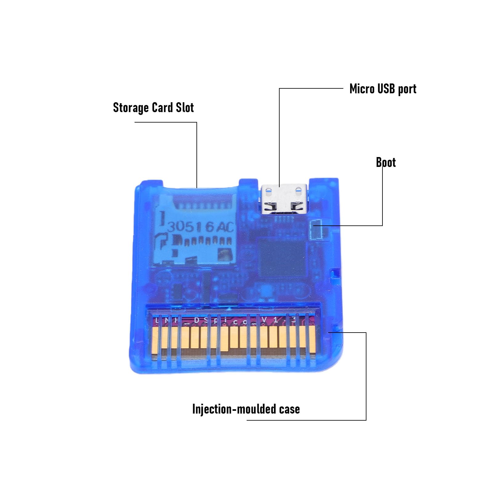 Vikye Czytnik Kart do Gier Wydajny, Podwójny Zasilacz Czytnik Kart Flash do Konsol DS Szybkie ładowanie Gier 6 MB/s dla Homebrew i Obsługa Kopii Zapasowych dla MCU RP2040 (Przezroczysty niebieski)