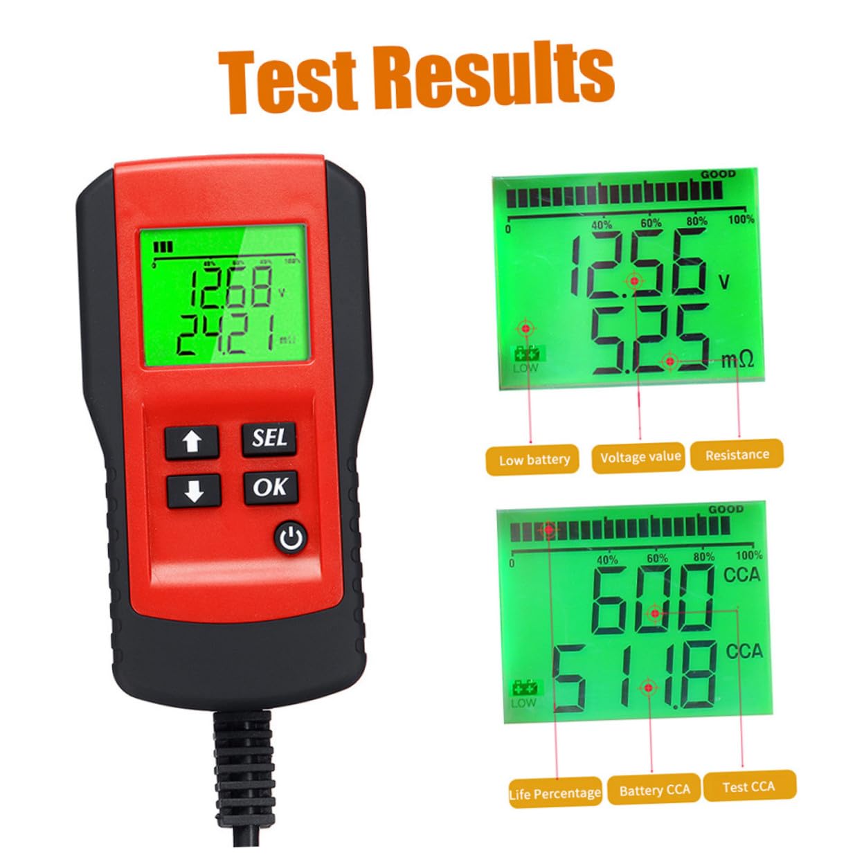 Tester per Batterie Auto Digitale 12V Schermo LCD Retroilluminato e Analizzatore di Tensione Resistenza e Capacità per Veicoli Strumento di Test Batteria per Auto e Moto
