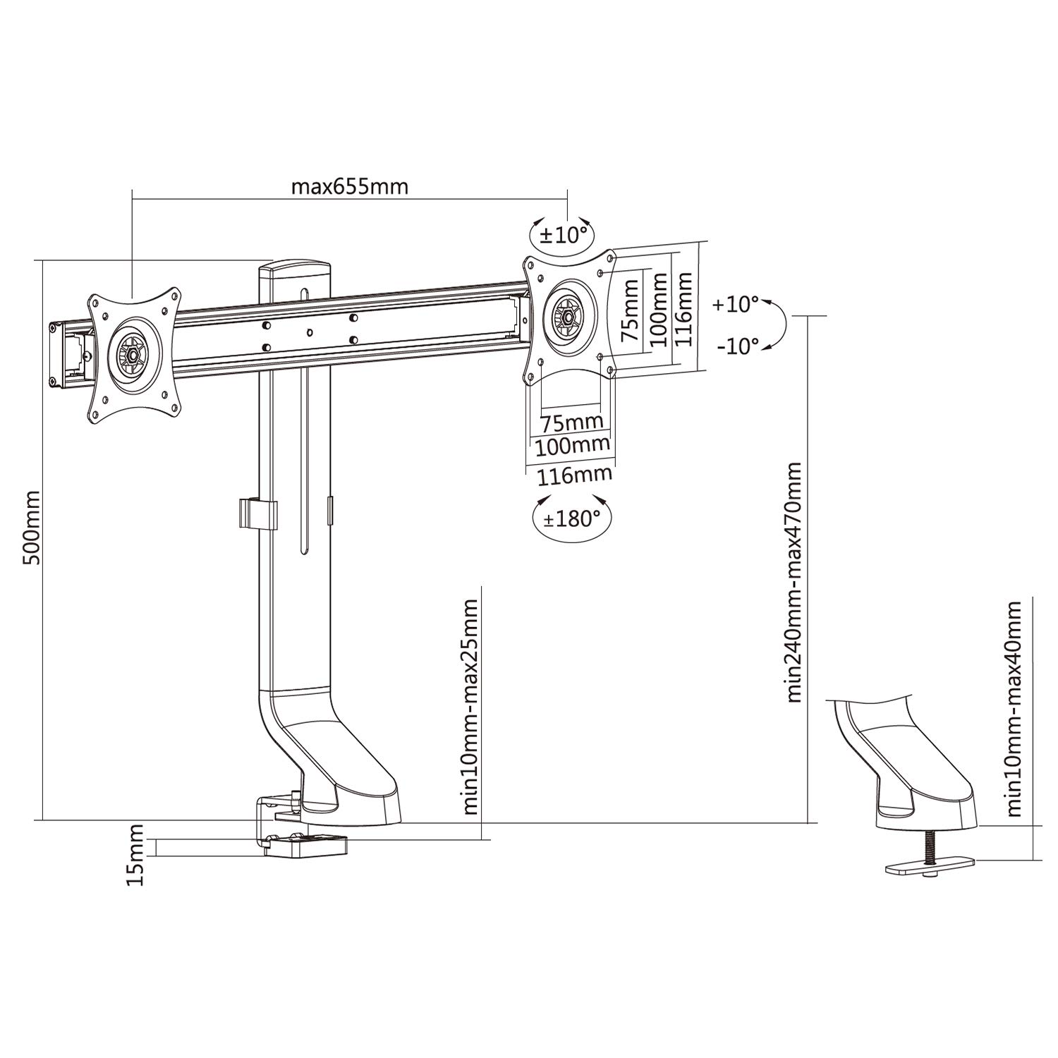 Maclean MC-854 Support de Bureau Double Support de Moniteur avec Support de Table d'ordinateur 17 à 27" VESA 75x75 100x100 à 8kg (pour 2 moniteurs)