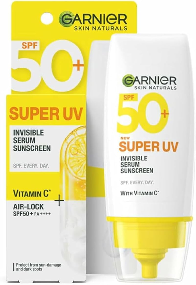 GAR-NIER Super UV Invisible Serum Sunscreen, SPF 50 PA++++, Broad Spectrum, 30ml, Lightweight with Vitamin C, No White Cast 1 Fl.oz.