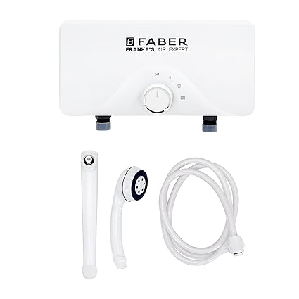 Faber Agnes Tankless Instant 3.5kw Water Heater High Working Pressure, 3-Level Temperature, Safety Valve, Auto Off Free Hand Shower & Faucet Kit Fast Heating 3500W White, Wall Mounting