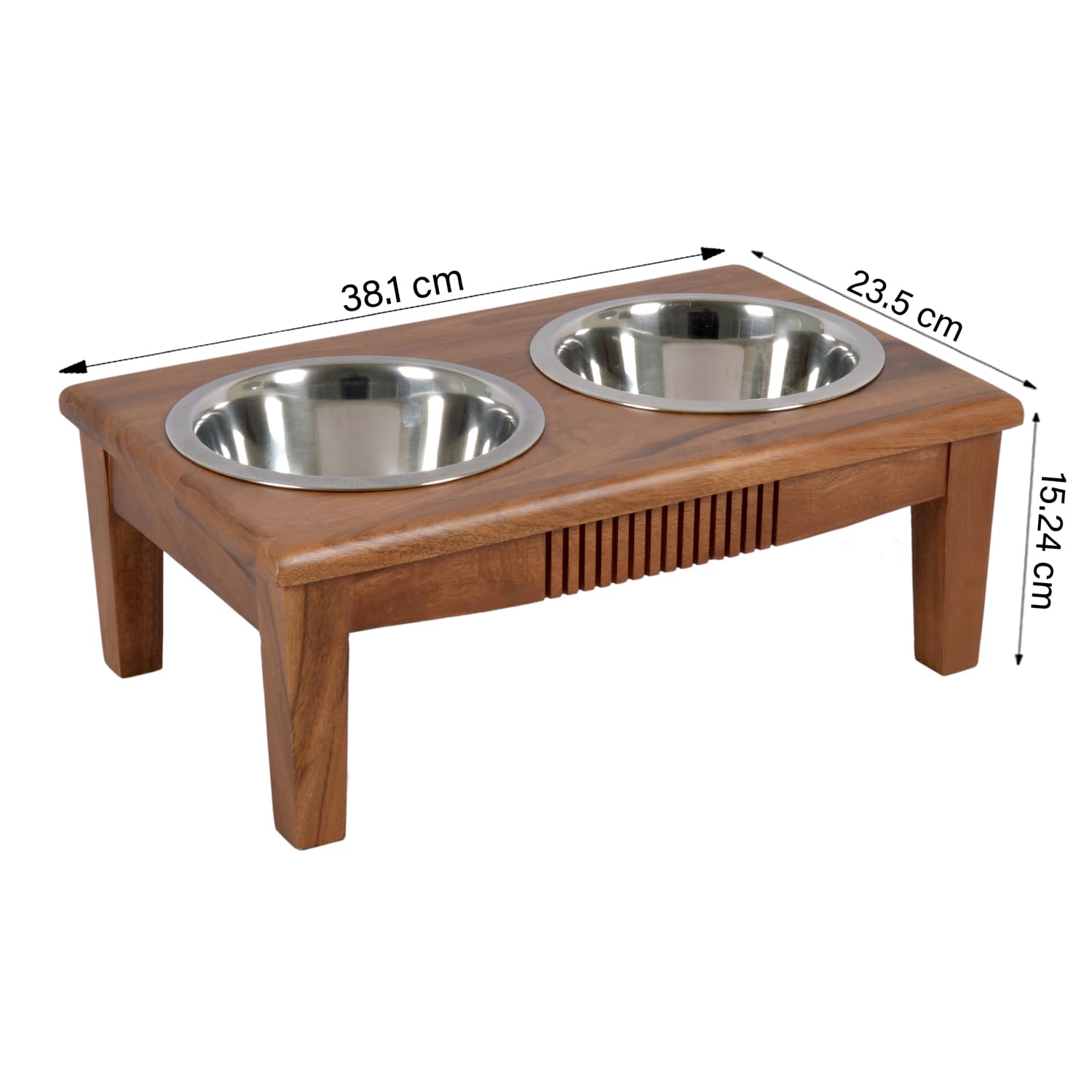 Pure Souls Fluffy Pet Feeder, Natural Acacia Wood Feeders Stand, Elevated Dog Bowls 1250 ml, Food Water Diner, Durable Double Bowl Feeding Stands for Dogs - Medium (48x25x24cm)