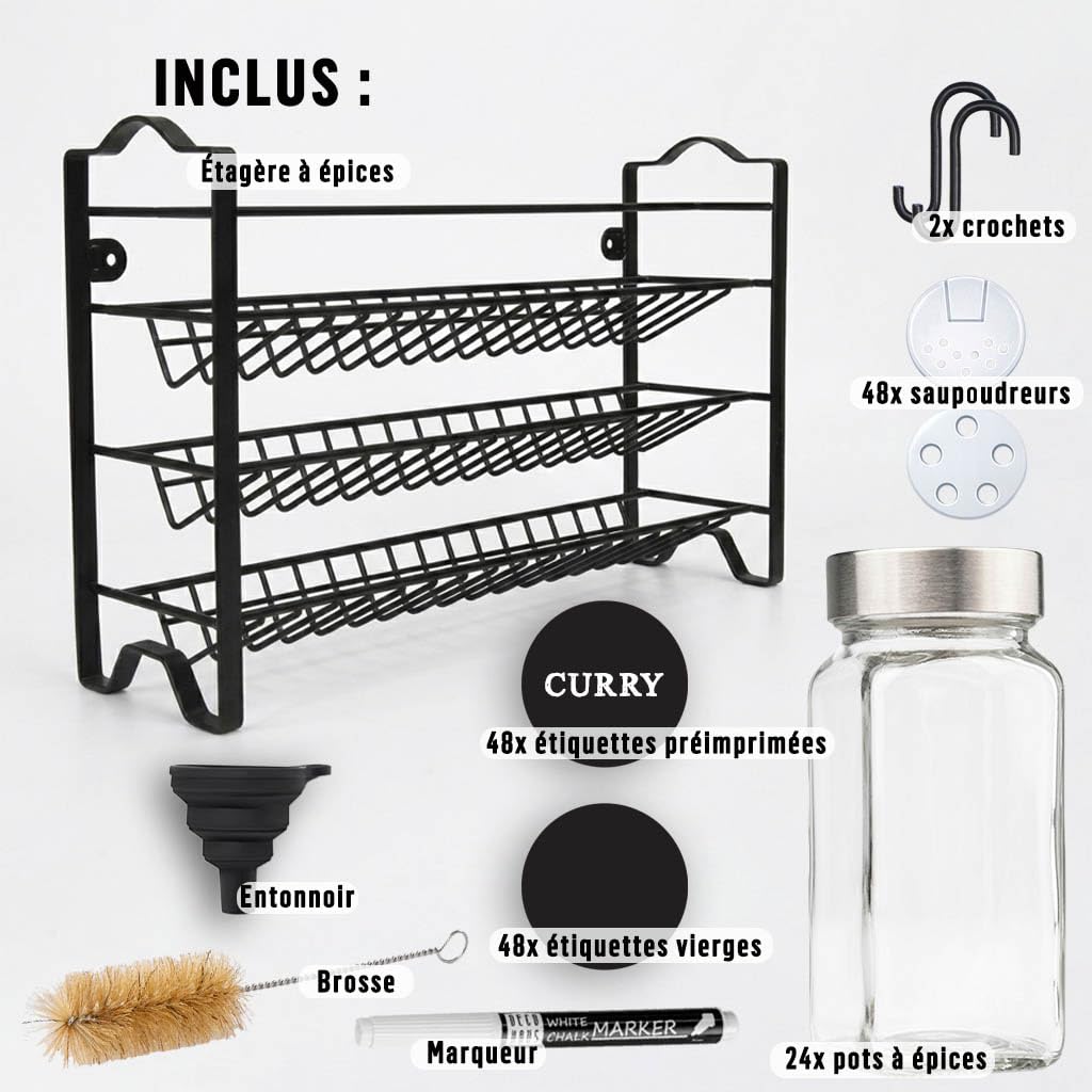 Deco haus® Etagere avec Pot a Epices Lot de 24 Boite avec Étiquettes d'épices Françaises - Rangement Cuisine