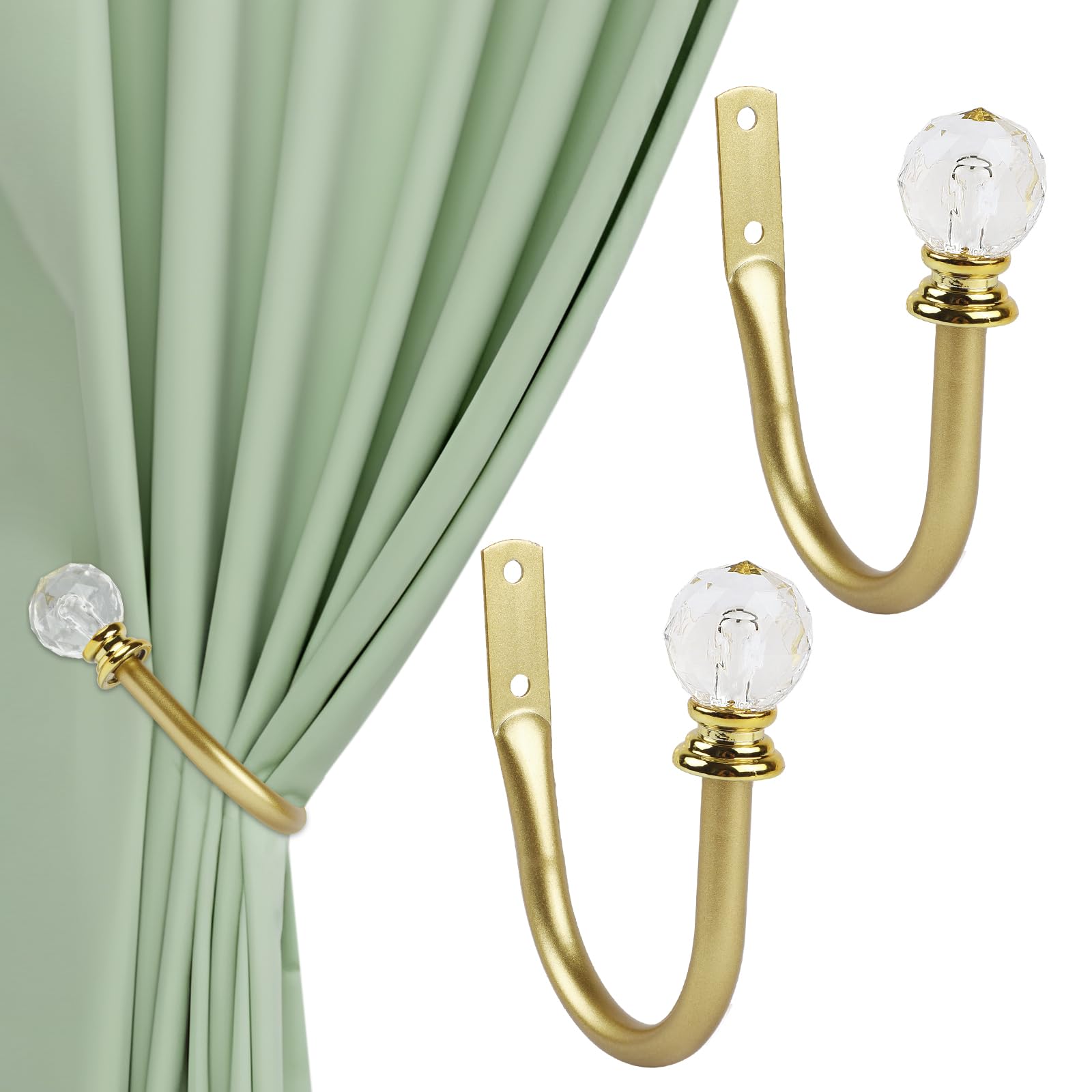 Crystal Curtain Holdbacks with Diamond Accent, Gold Metal U-Shaped Curtain Tiebacks with Clear Crystal Ball, Decorative Wall Mounted Drapery Hooks,Pull Backs Curtain Holders for Drapes，2 Pack