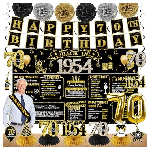70th Birthday Decorations for Men Women, 21pcs Back in 1954 Banner Party Supplies, Black Gold 70 Year Old Birthday Backdrop, Vintage 70 Birthday Honeycomb Centerpiece Hanging Swirls Balloon Sash Gifts