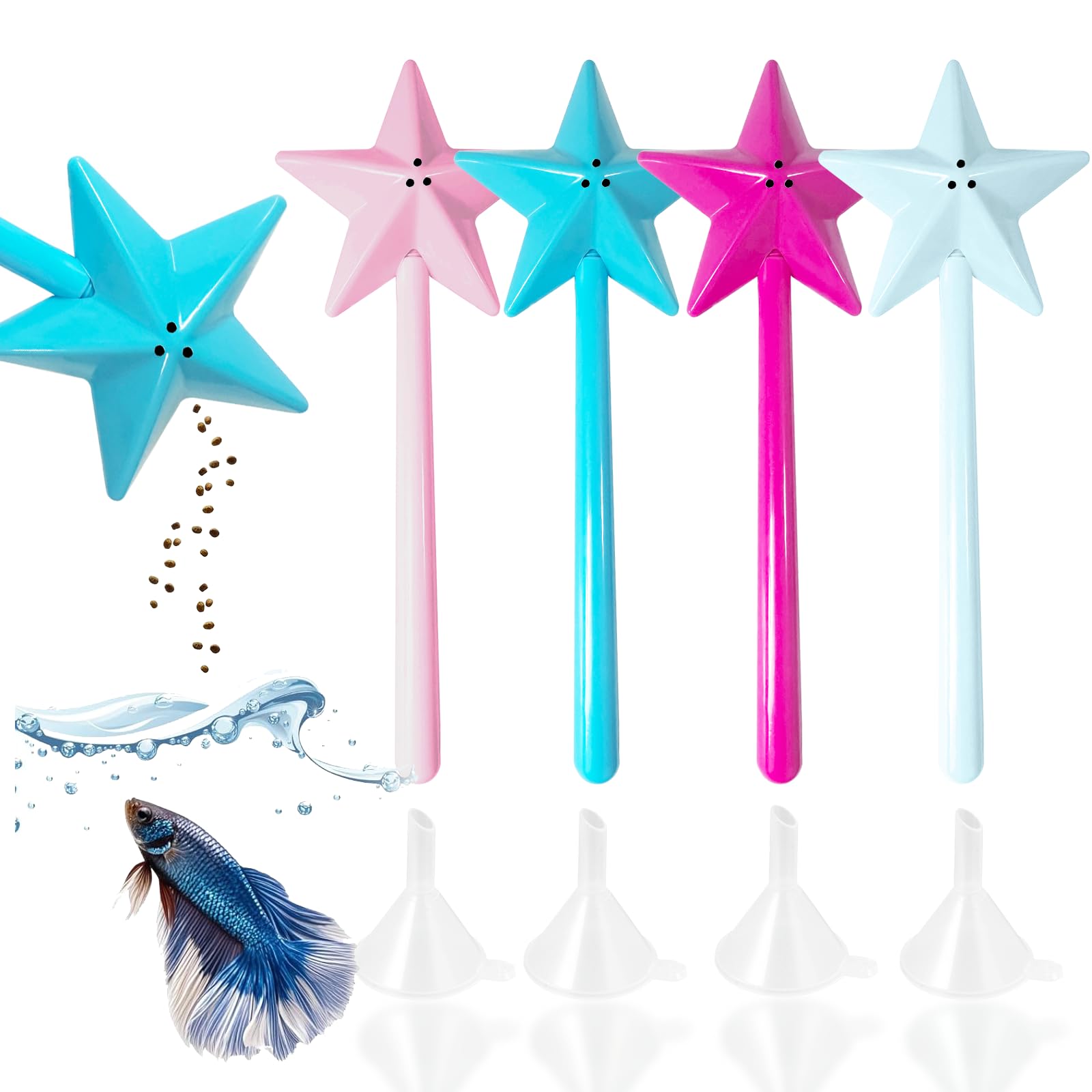 Creative Manual Fish Feeder Set of 4 Light Blue Blue Pink Magenta Includes Convenient Fish Food Funnel and